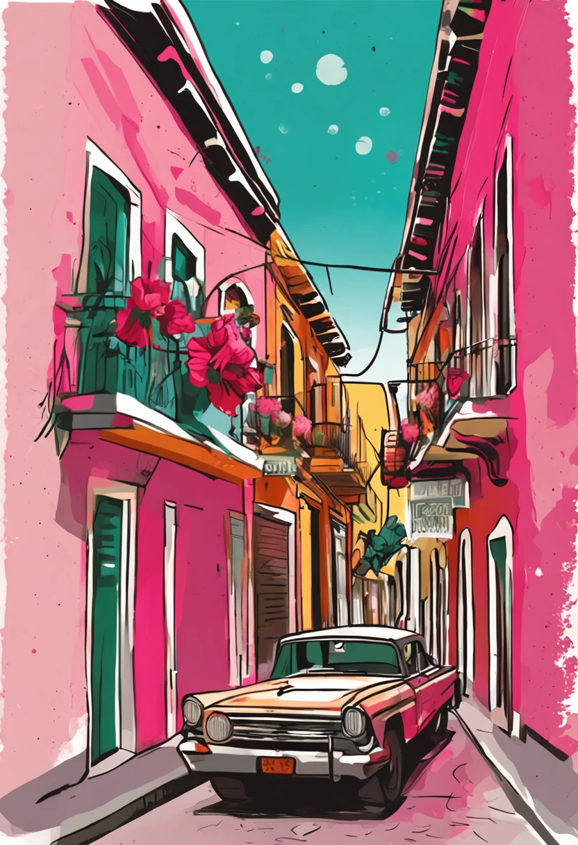 carnation street art illustration mexico, in the style of colorful cityscapes, quiet moments captured in paint, wes anderson, raoul dufy, animated illustrations, trompe l'oeil compositions, panorama