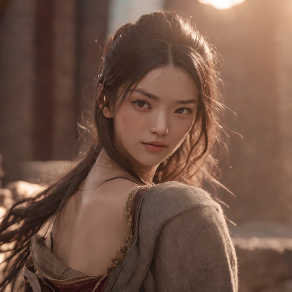 (RAW photo, best quality), (realistic, photo-realistic:1.3),best quality,highly detailed,masterpiece,ultra-detailed,illustration,1girl,upper_body,dynamic angle,world masterpiece theater,messy_long_hair,best quality,extremely detailed CG unity 8k wallpaper,ink,Amazing,cinematic lighting,lens_flare, dunhuang_style