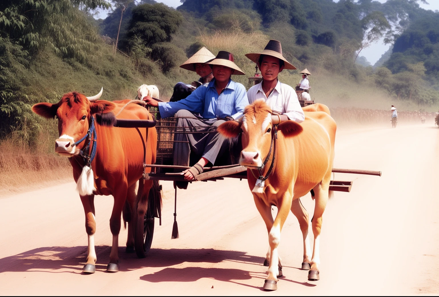 there are two men riding on a cart pulled by two cows, an ox, cambodia, both men and cattle, laos, on a village, toward to the camera, villagers busy farming, vietnam, by Robert Brackman, 1990photo, 1990 photo, ( ( illustration, by Jan Verkolje, version 3, everyone having fun ,IN THAI LAND