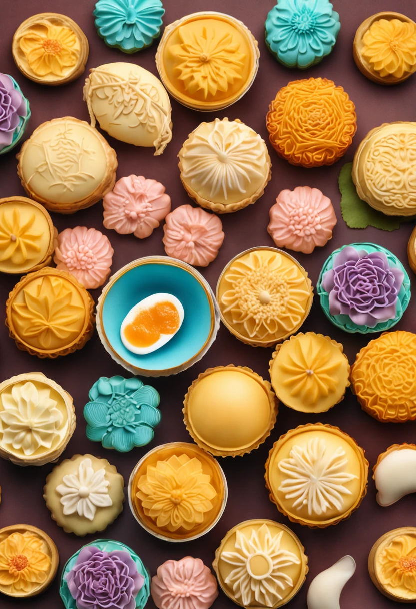 Commercial shooting, Cantonese egg yolk mooncakes, Mooncake size, poster for, Fresh style background, elegant, Booth lighting, Attractive, photorealistic colors, Ultra HD