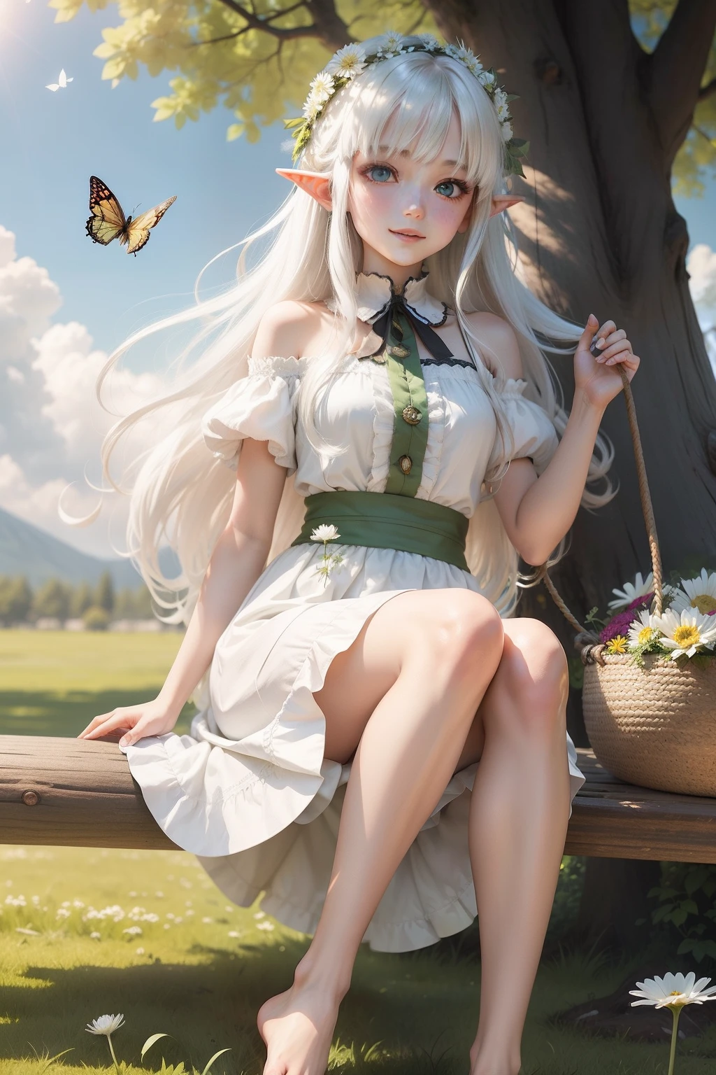 Manhwa Style,whaite hair,longhairwithbangs,the elf,s girl,Green pupils,Small breasts,There is a big tree behind it,Sit on a tree swing,Colorful butterflies fly next to it,Green meadows,Slim clothes,Long skirt style,The eyes are fixed on the dandelion,Dandelion in hand,Wear a wreath on your head,Barefoot,There are many flowers next to the grass,With a smile on his face,The body is fuller,The skin is delicate and snow-white,A few leaves floated down,and the sun was shining brightly,White hair,White dress