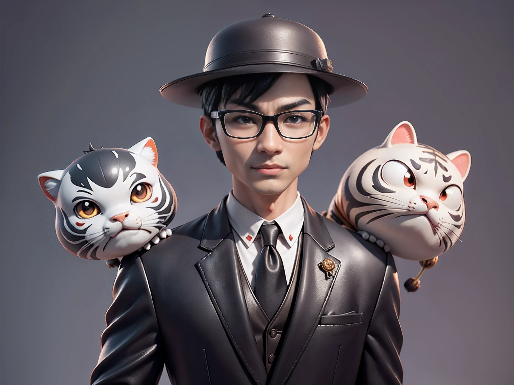Young man with oriental face in leather hat, tiger, oriental face in formal suit, short black hair, silver glasses, digital painting, 3D character design by Mark Clairedon and Pixar and Hayao Miyazaki and Akira Toriyama, the illustration is a high-definition illustration in 4K resolution with very detailed facial features and cartoon-style visuals.