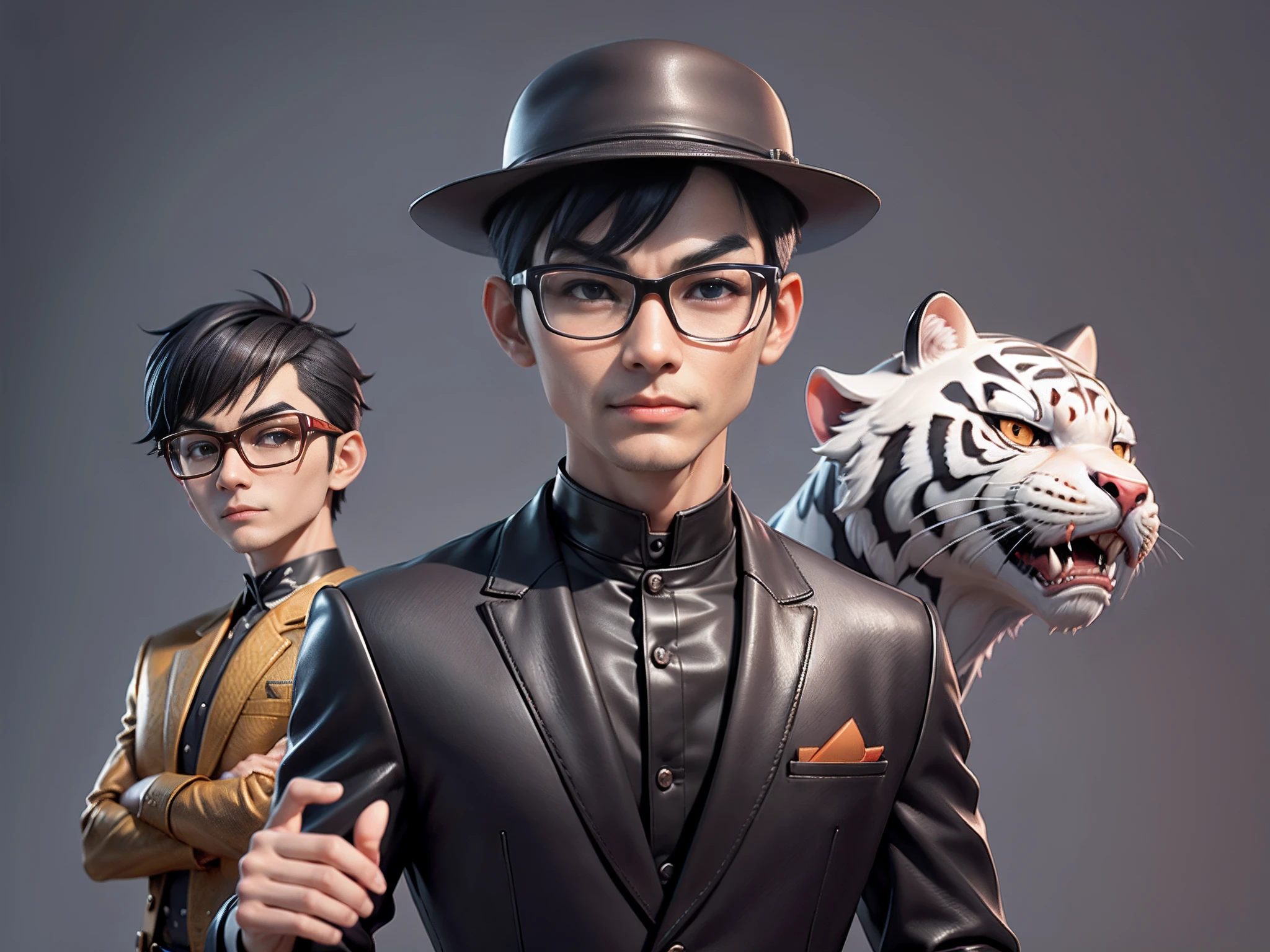 Young man with oriental face in leather hat, tiger, oriental face in formal suit, short black hair, silver glasses, digital painting, 3D character design by Mark Clairedon and Pixar and Hayao Miyazaki and Akira Toriyama, the illustration is a high-definition illustration in 4K resolution with very detailed facial features and cartoon-style visuals.