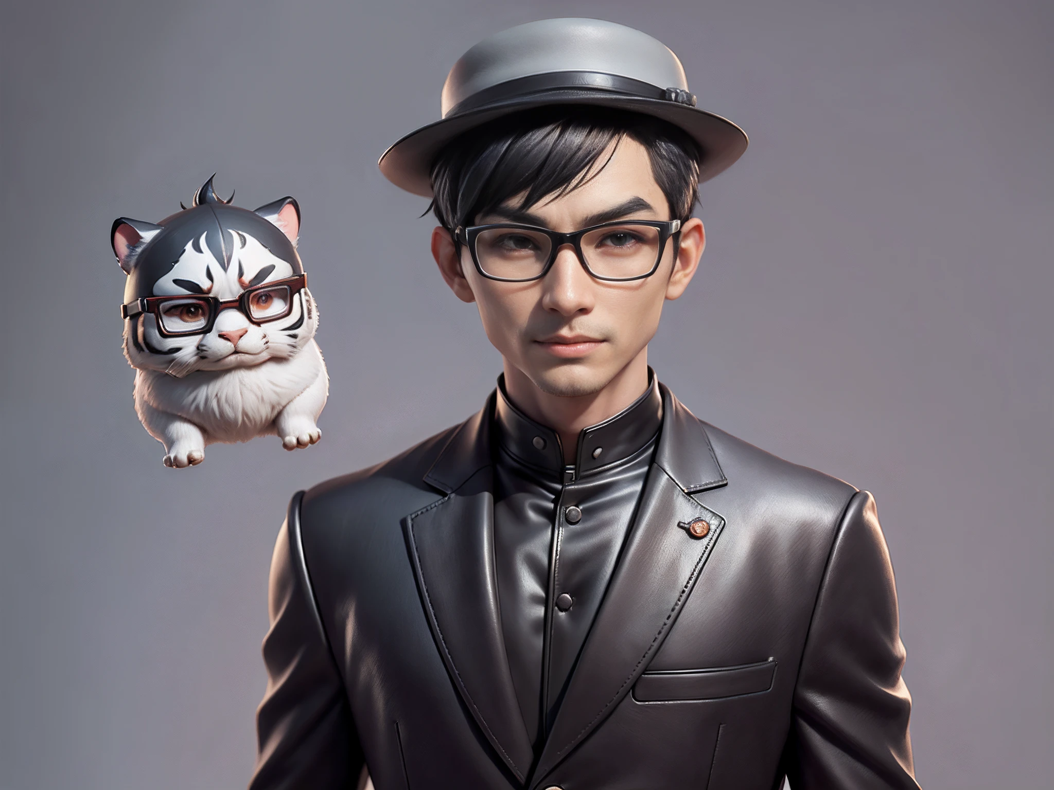 Young man with oriental face in leather hat, tiger, oriental face in formal suit, short black hair, silver glasses, digital painting, 3D character design by Mark Clairedon and Pixar and Hayao Miyazaki and Akira Toriyama, the illustration is a high-definition illustration in 4K resolution with very detailed facial features and cartoon-style visuals.