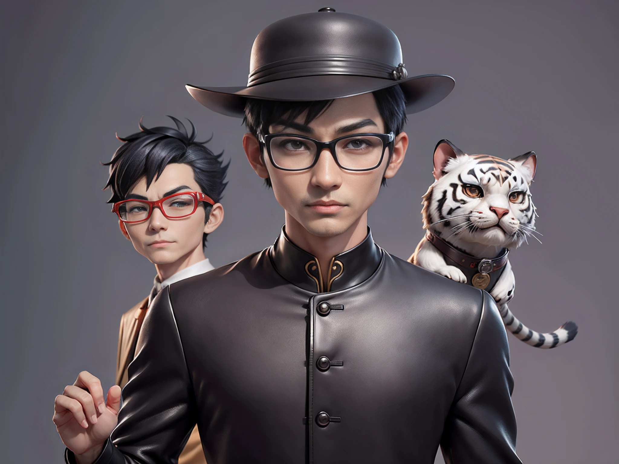 Young man with oriental face in leather hat, dragon, formal suit, short black hair, silver glasses, digital painting, 3D character design by Mark Clairedon and Pixar and Hayao Miyazaki and Akira Toriyama, the illustration is a high-definition illustration in 4K resolution with very detailed facial features and cartoon-style visuals.