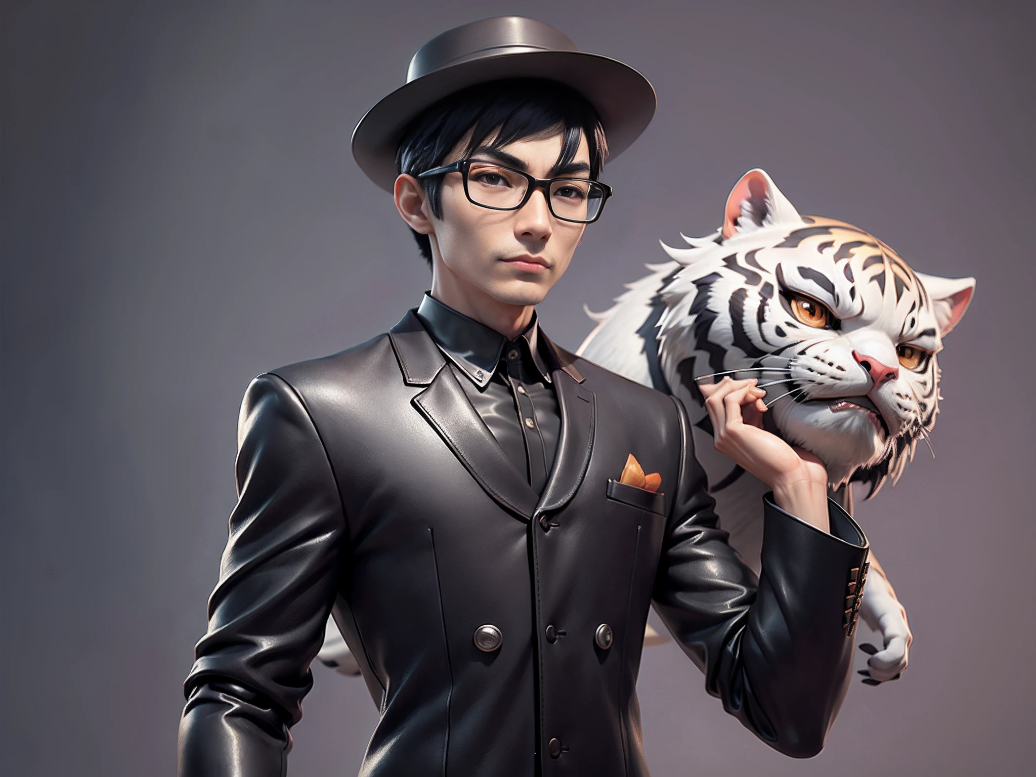 Young man with oriental face in leather hat, tiger, oriental face in formal suit, short black hair, silver glasses, digital painting, 3D character design by Mark Clairedon and Pixar and Hayao Miyazaki and Akira Toriyama, the illustration is a high-definition illustration in 4K resolution with very detailed facial features and cartoon-style visuals.