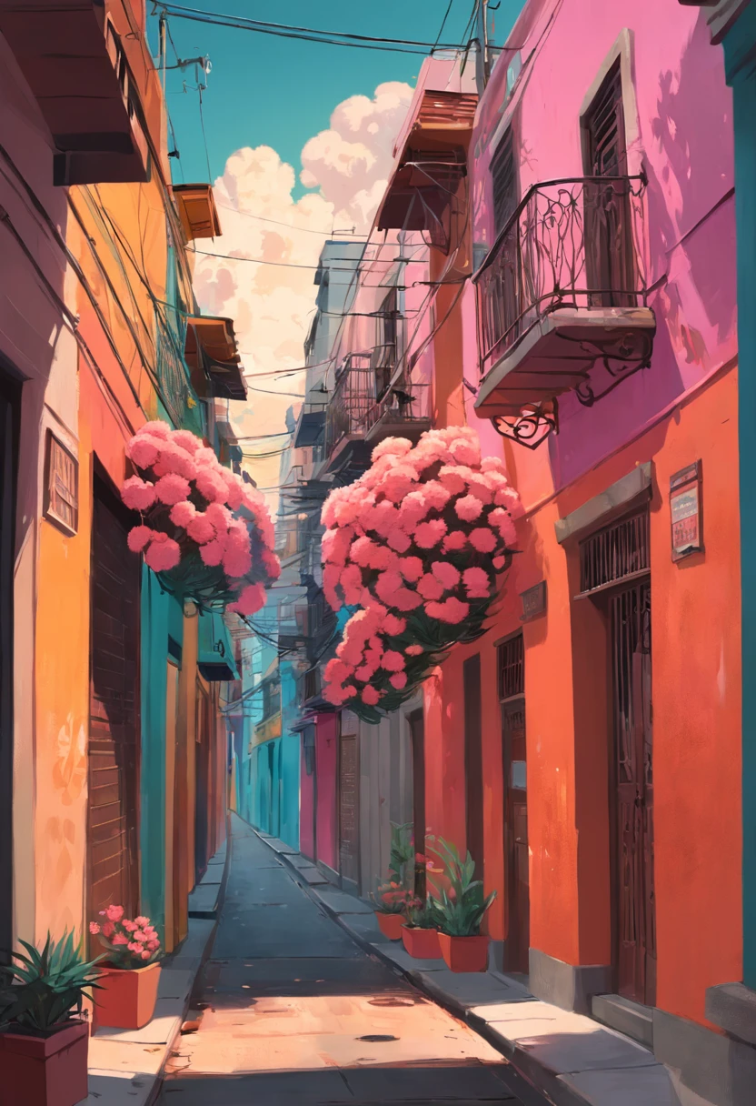 carnation street art illustration mexico, in the style of colorful cityscapes, quiet moments captured in paint, wes anderson, raoul dufy, animated illustrations, trompe l'oeil compositions, panorama