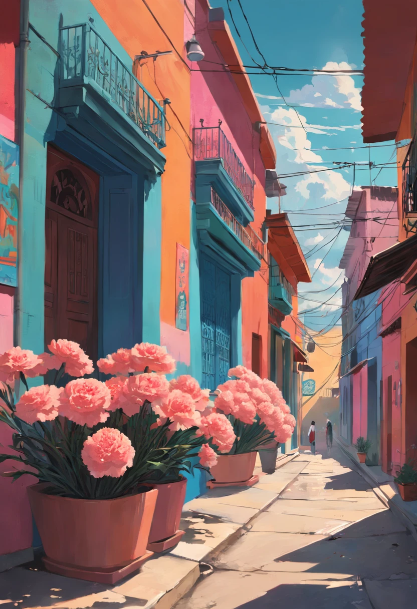 carnation street art illustration mexico, in the style of colorful cityscapes, quiet moments captured in paint, wes anderson, raoul dufy, animated illustrations, trompe l'oeil compositions, panorama