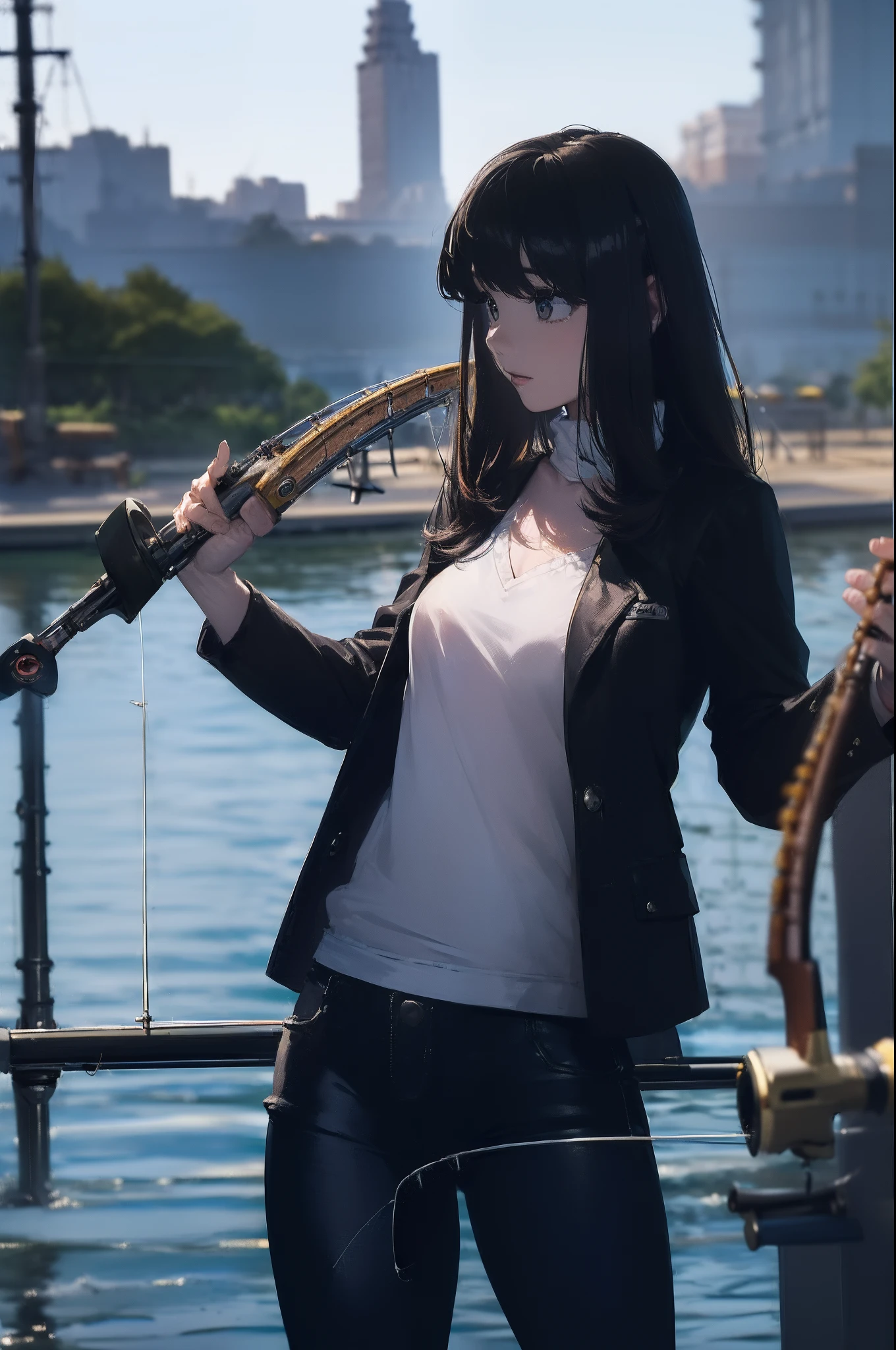 ((((having a fishing rod with a reel by the lakeside:1.5)))),((Female 28 years old)),((Best Quality:1.5)),(((Hands with the correct number and structure of fingers:1.4))),((Big fish:1.37)),hight resolution,ultra-detailliert,​masterpiece,best qualtiy,(Eight-headed body),Black hair, long eyes-lashes, Solid Circle Eyes, drop shadow, Atmospheric perspective,Super Detail, ccurate, small brest,(Black jacket and black jeans :1.1),top-quality, blurry backround, bokeh dof:1.2, (​masterpiece:1.3),  Atmospheric perspective,Super Detail,dynamic compositions,