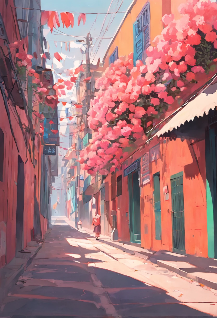 carnation street art illustration mexico, in the style of colorful cityscapes, quiet moments captured in paint, wes anderson, raoul dufy, animated illustrations, trompe l'oeil compositions, panorama