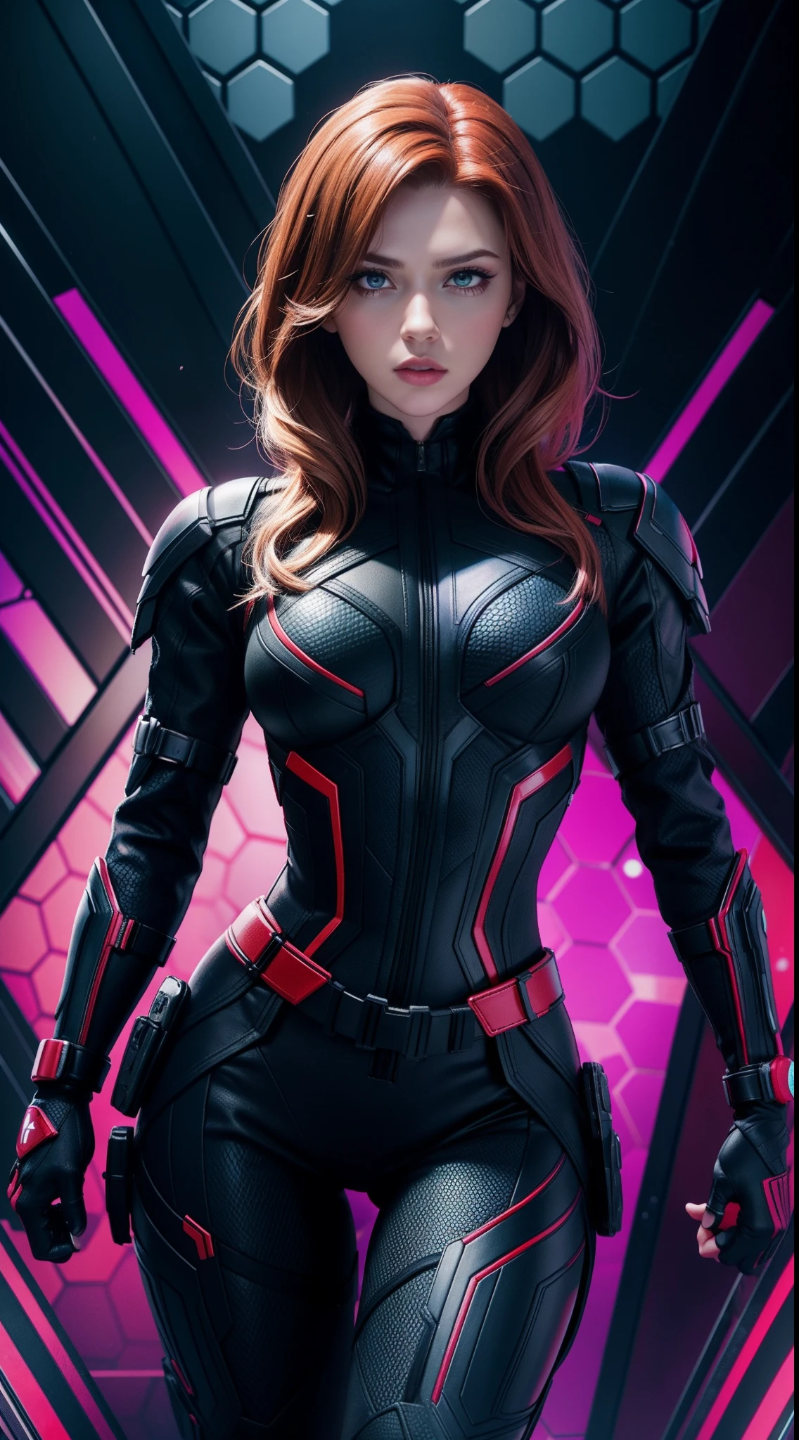 Black Widow из комиксов Marvel, Masterpiece, Best Quality, abstract, Psychedelic, Neon, (honeycomb pattern), (creative:1.3), Sy3, SMM, fantasy00d