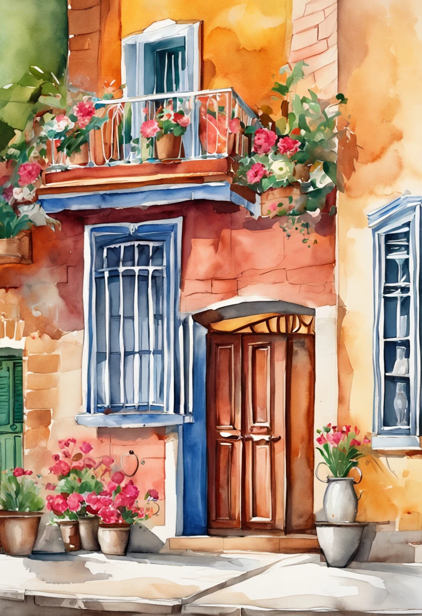 carnation street art illustration mexico, in the style of colorful cityscapes, quiet moments captured in paint, wes anderson, raoul dufy, animated illustrations, trompe l'oeil compositions, panorama