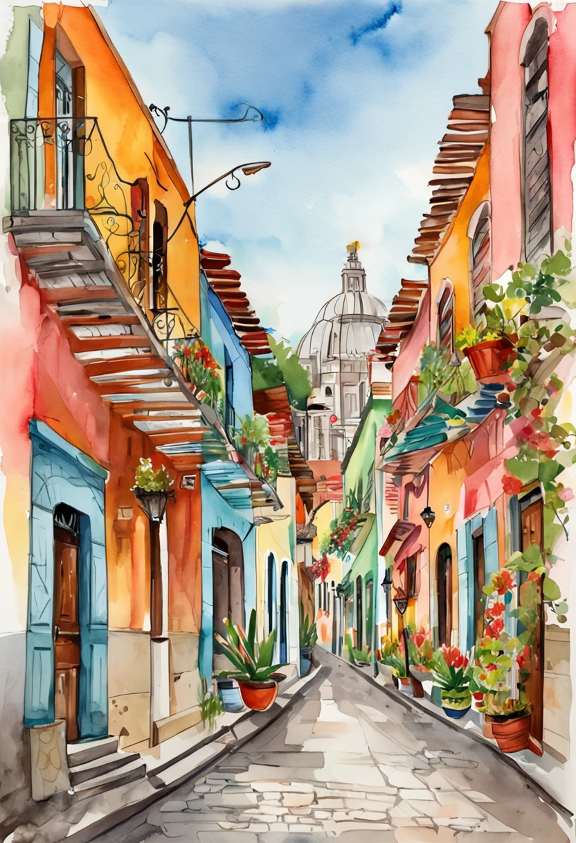 carnation street art illustration mexico, in the style of colorful cityscapes, quiet moments captured in paint, wes anderson, raoul dufy, animated illustrations, trompe l'oeil compositions, panorama