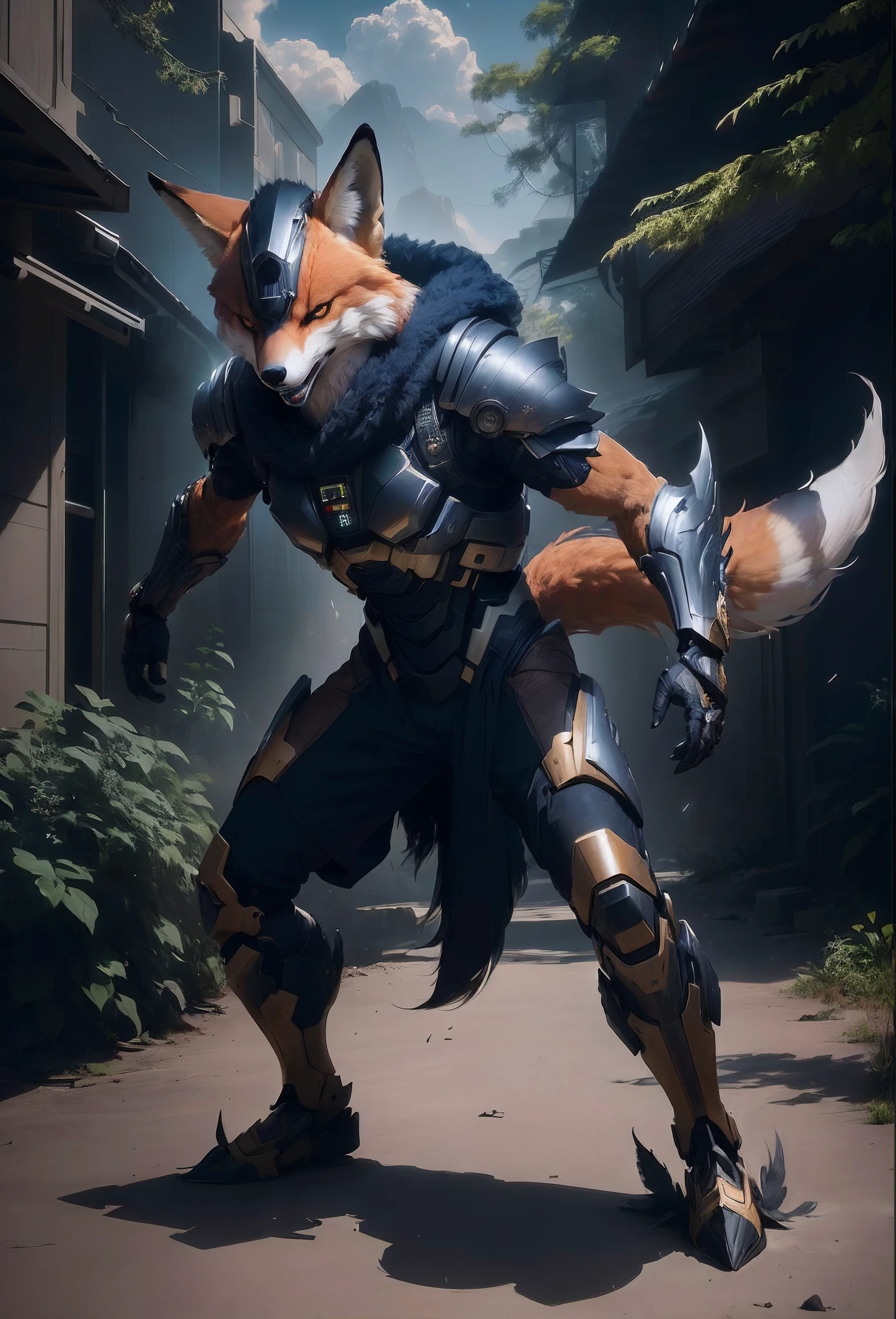 Sci fi humanoid creature with the feathers of a fox and mutant traits similar to rocket teeth, expressive, serious angry face, expressive wearing sci fi armor real photography, natural light, photorealism, cinematic rendering, ray tracing, the highest quality, the highest detail, Cinematic, Third-Person View, Long Exposure, 8K, Ultra-HD, Natural Lighting, Moody Lighting, Cinematic Lighting