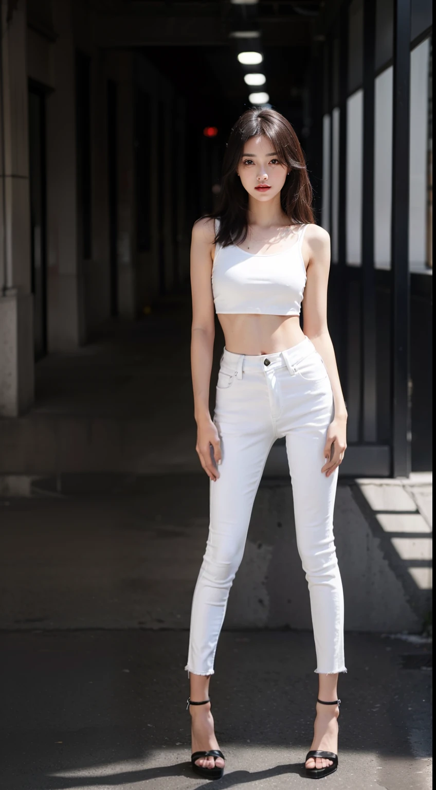 Girl posing for photo in white bra and black skinny denim, full body portrait, cropped t-shirt, bra and streetwear, slim figure, smaller bust, slim girl model, 24 year old female model, white high heels, standing posture,