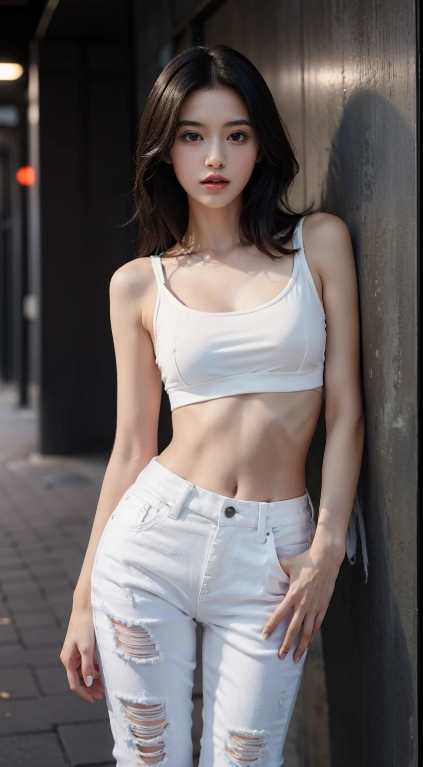 Girl posing for photo in white bra and black skinny denim, full body portrait, cropped t-shirt, bra and streetwear, slim figure, smaller bust, slim girl model, 24 year old female model, white high heels, standing posture,
