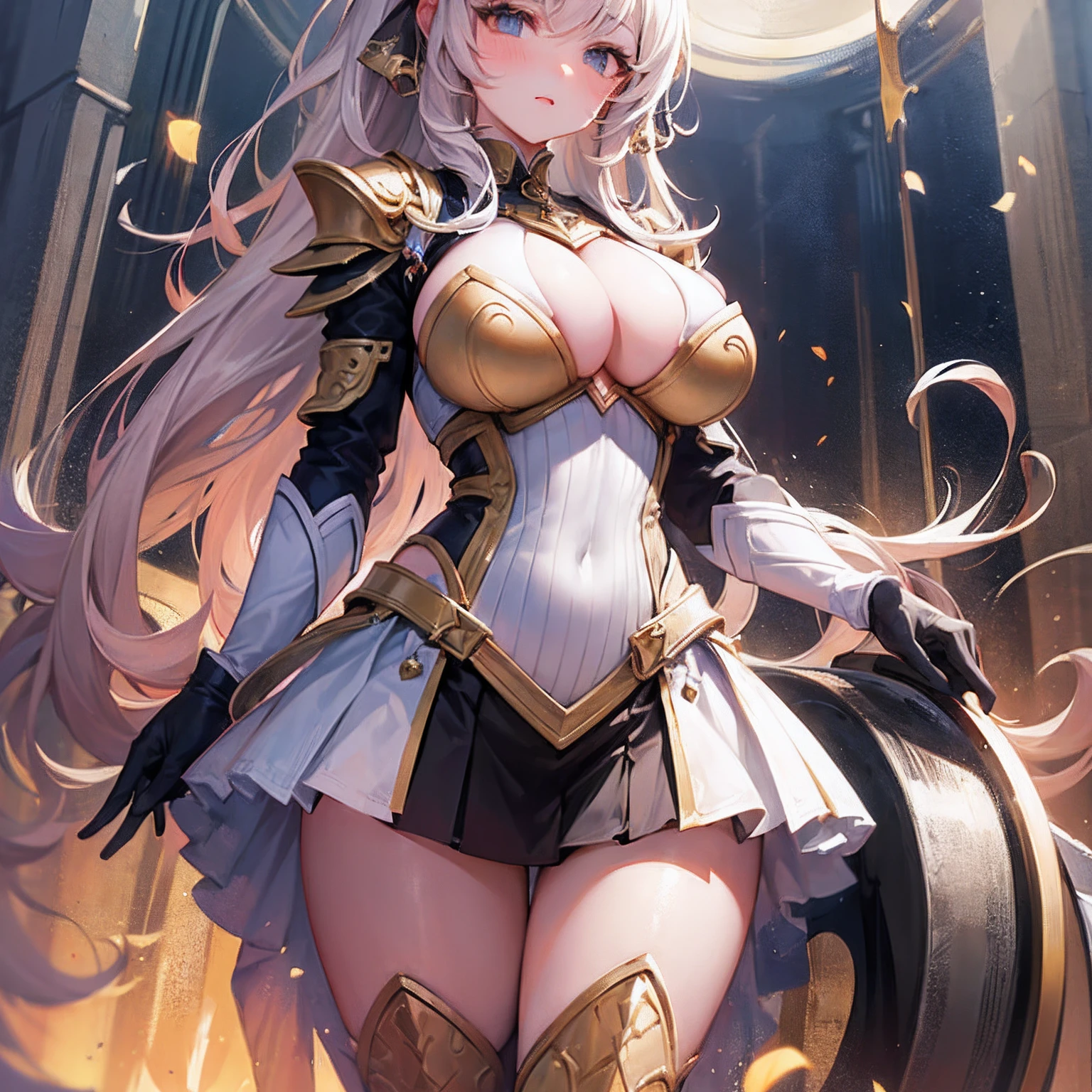 Peerless beauty, perfect slim body, mature royal sister face, long hair, curly hair, knight battle suit, sexy and seductive, beautiful face, full body portrait, standing pose, 4K picture quality, feminine expression, blush shyness, star-like deep eyes, huge breasts, short skirt, sword and magic. The bust is greatly large, fighting with Warcraft, speed lines, the best quality, masterpieces. Double ponytail, nsfw