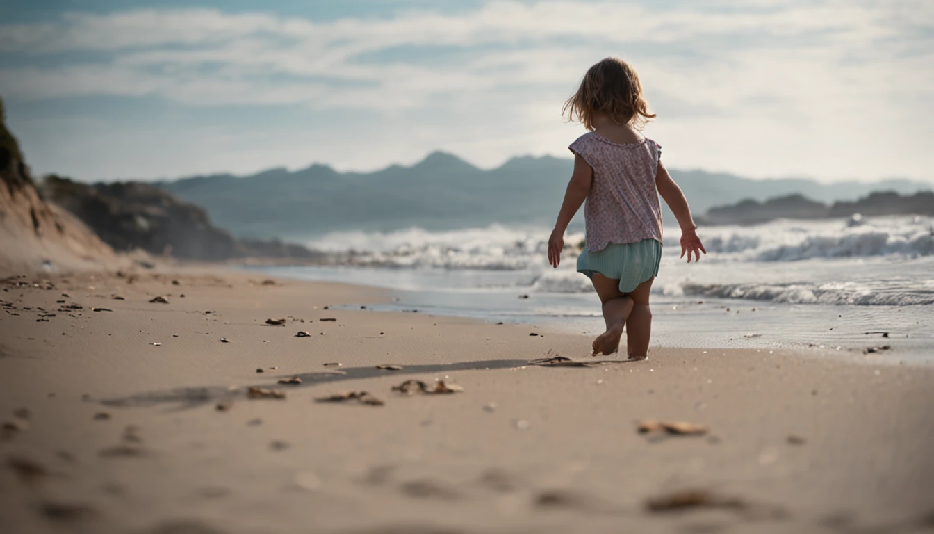A in a miniskirt squats on the beach by the sea and plays in the water
