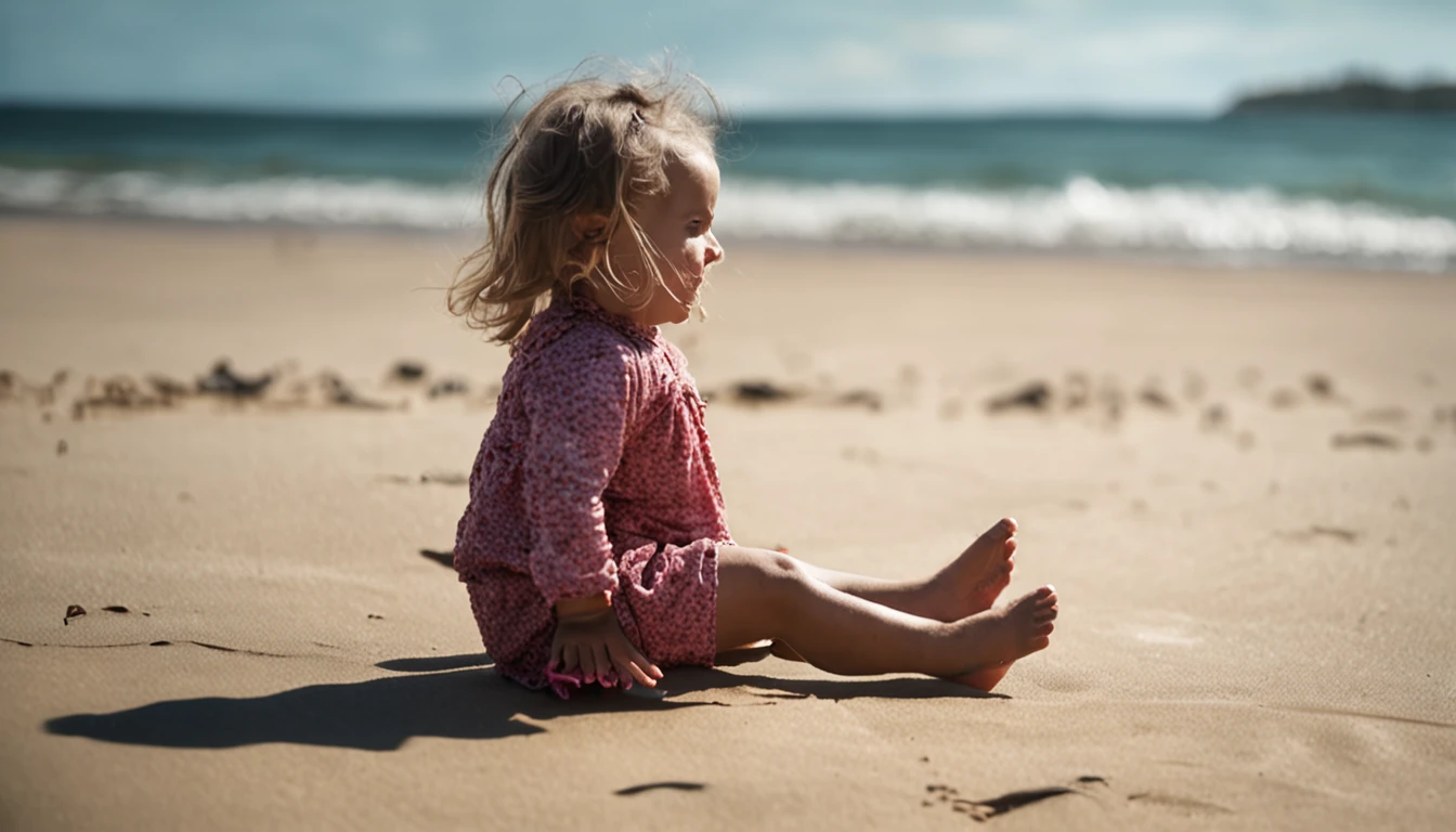 a girl , playing on a beach, anime style, long brown hair, realistic young child