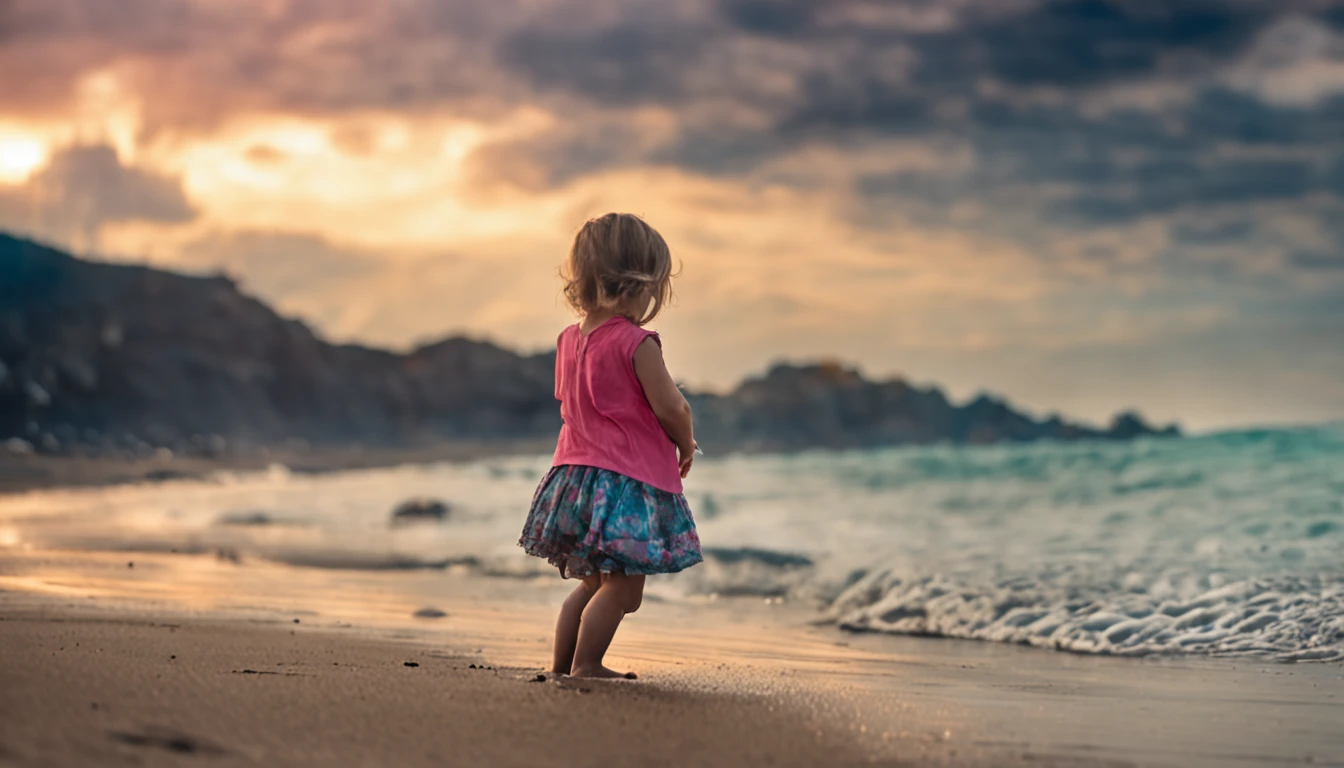 A girl in a miniskirt squats on the beach by the sea and plays in the water