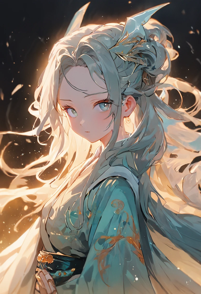 (super delicate), (extremely delicate and beautiful), (dynamic angle), white and black highlights, (legendary Dragon Queen:1.3)(1 girl), Hanfu, (complex details) (beautiful and delicate eyes), golden eyes, green pupils, delicate face, upper body, messy floating hair, messy hair, focus, perfect hands, (fantasy wind), (illustration), (masterpiece), (best quality), award winning