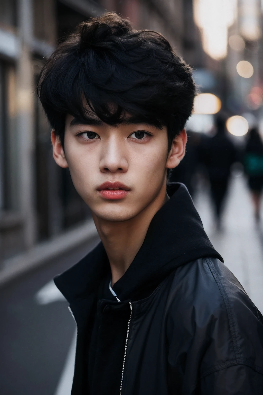 Asian man with black hair and a black jacket on a city street, Sul Coreano Masculino, detailed face of a asian boy, young adorable korean face, young cute wan asian face, Jinyoung Canela, portrait of a japanese teen, asian male, Kim Doyoung, Asian face, cara perfeita e menino, south east asian with round face, jovem bonito