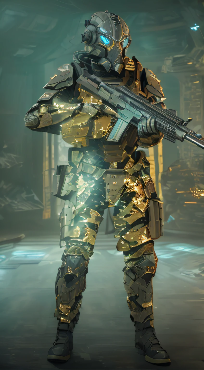 Arafed soldiers with guns and gas masks stood in the room, soldier outfit, Camouflage equipment, future soldier clothing, full soldier clothing, future combat gear, full body shot hyperdetailed, battle garment, camouflage uniform, intimidating full body armor, full uniform, army suit, in a dark space mercenary outfit, wearing an ammo belt, apex legends armor
