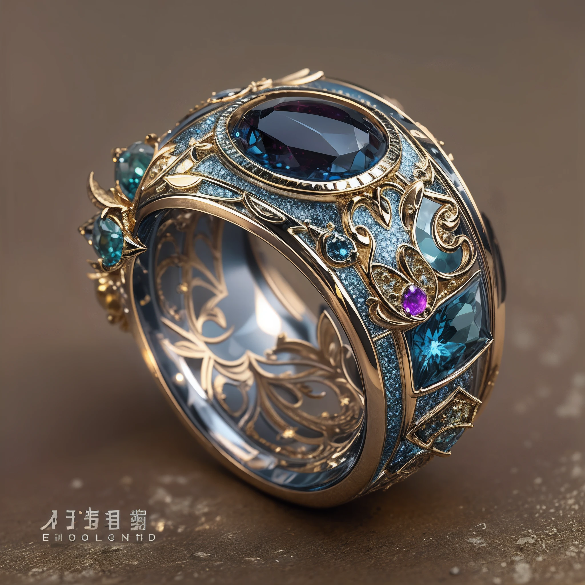 Masterpiece，highest  quality，(Nothing but the ring)，(No Man),Ring set with phoenix，starrysky，Wrapped around the end from beginning to end，Delicate silver ring，Starry sky in the ring,The sheen，inverted image，Sparkling blue-purple gemstones，Elegant and noble，The magic pattern on it emits the light of the Tyndall effect，It shines with a noble blue light，The golden-red tone is filled with dark-style graphics，simple backgound，