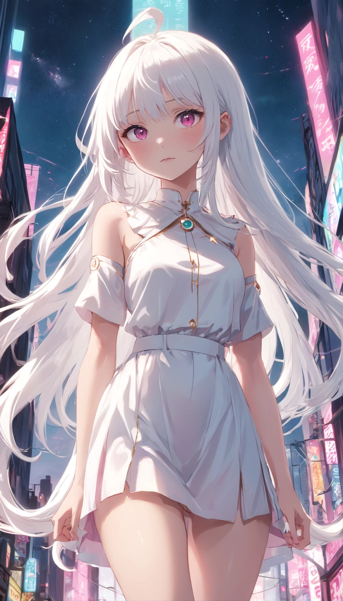 Long pure white hair,figure eight bangs,teens girl,quadratic element,gentleness,Pure,ellegance,Green,Pink eyes,18yr old,Poor milk,White silk long legs,Straight legs,Thin leg,Plain white long dress,Two-dimensional city background,white Heels,Pink eyes,flatchest ,dignified,Pointed face,A-type chest,high school senior,starrysky,rays of moonlight