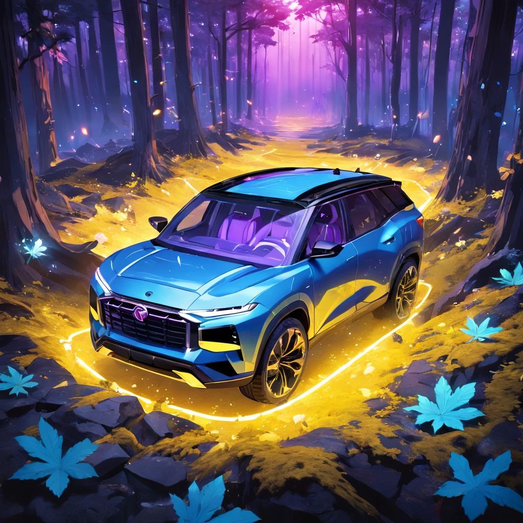 3D photo realistic ray SUV car. Detailed purple and yellow leaves. Alien landscape, Blue luminescent crystals. Evolving forest isometric blocks,A glowing spectacle