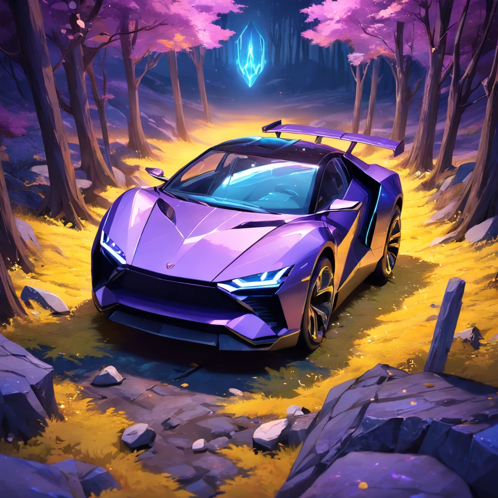 3D photo realistic ray SUV car. Detailed purple and yellow leaves. Alien landscape, Blue luminescent crystals. Evolving forest isometric blocks,A glowing spectacle