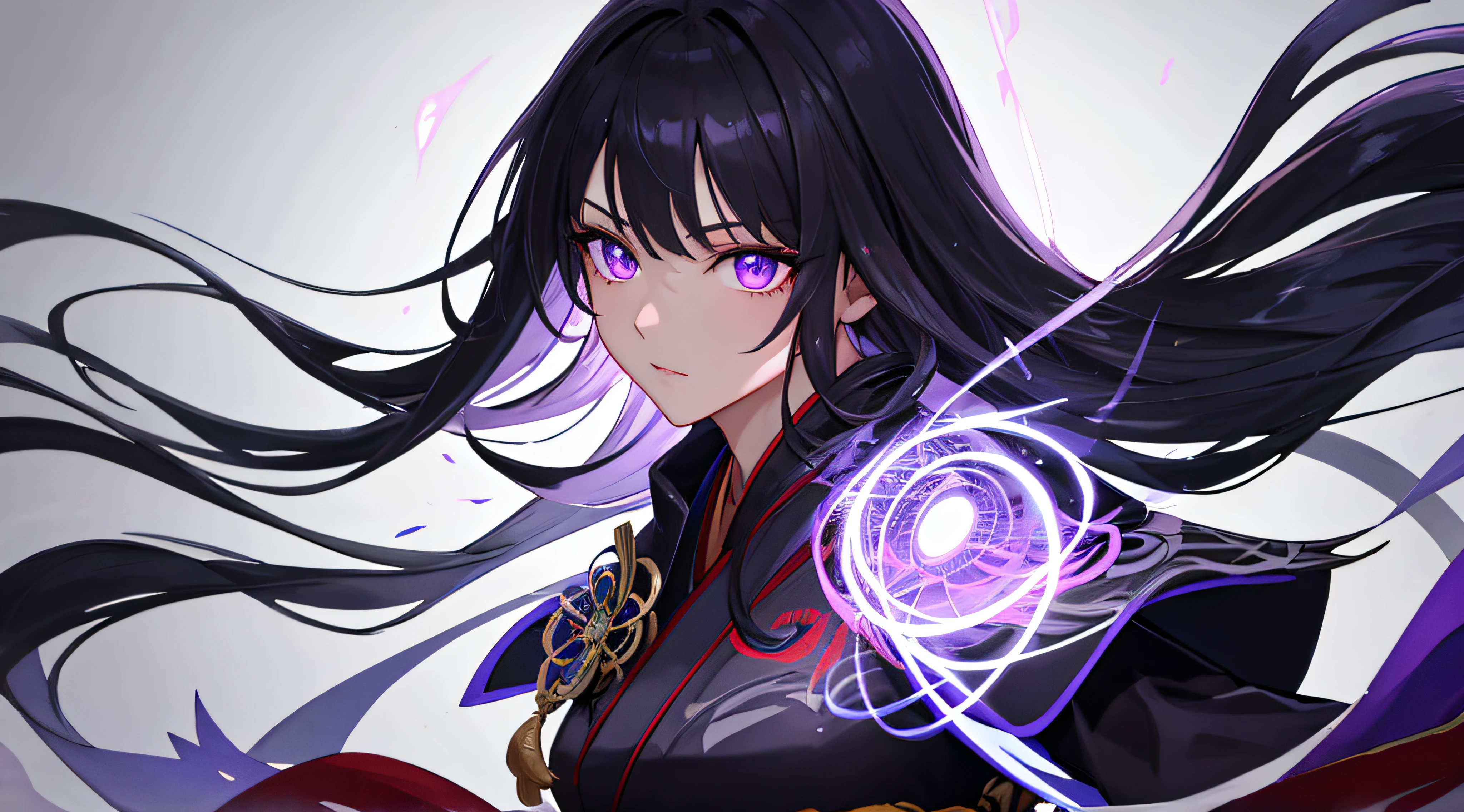 ((masterpiece, best quality, hiper detailed, highres, 16k, uhd))raiden shogun genshin impact, solo, sharp face, beautiful detailed face, dynamic angle, floating hair, expressive hair, long hair, black hair with purple highlight, purple eyes, beautiful detailed eyes, glowing purple eyes, black kimono, black highthighs, black boot, holding black katana, katana glowing purple,