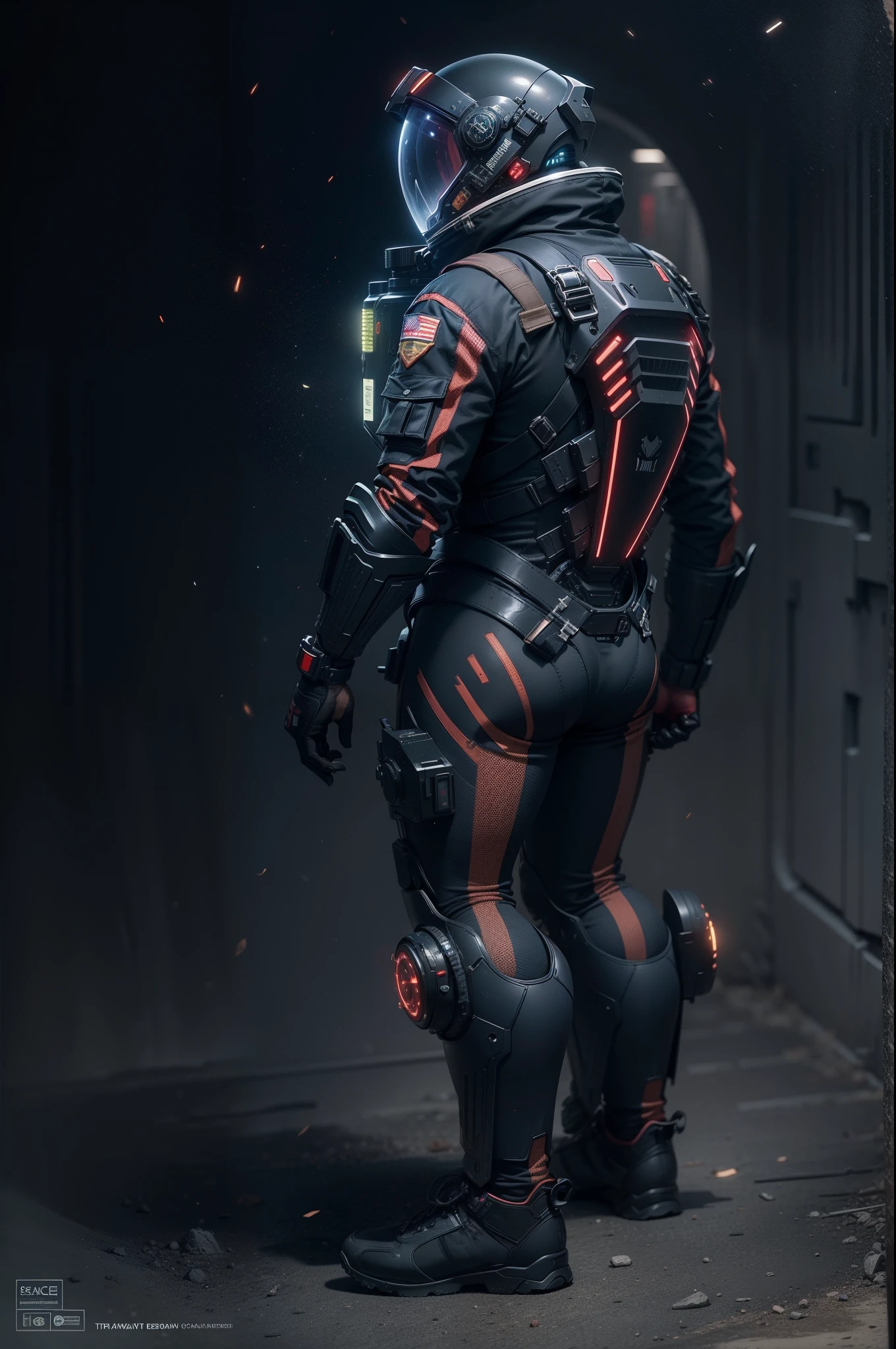 Marine spacesuit in dark colors that has the ribs of a living being with glowing veins all over the surface. The eva on the back a mixture of carapace, Tecnologia, and electronics,(tmasterpiece),(alta qulidade), melhor qualidade, Realiy, (Realista), ultra-detalhada, (detalhe completo), (4k),8k,