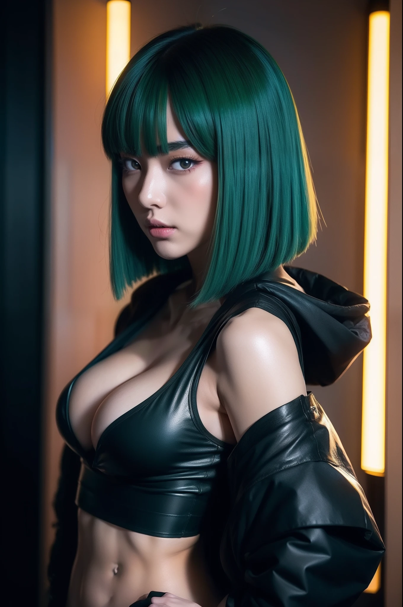 anime girl in a black outfit with a sword in her hand, very beautiful cyberpunk samurai, digital cyberpunk anime art, anime cyberpunk art, cyberpunk anime girl mech, cyberpunk anime girl, cyberpunk anime art, female cyberpunk anime girl, cyberpunk geisha, digital cyberpunk - anime art, cyberpunk samurai, anime style 4 k, badass anime 8 k, cyberpunk anime girl in hoodie, beautiful south korean woman, korean girl, beautiful young korean woman, korean woman, heonhwa choe, korean women's fashion model, sexy look, big breast, sexy pose, show breast, light green hair