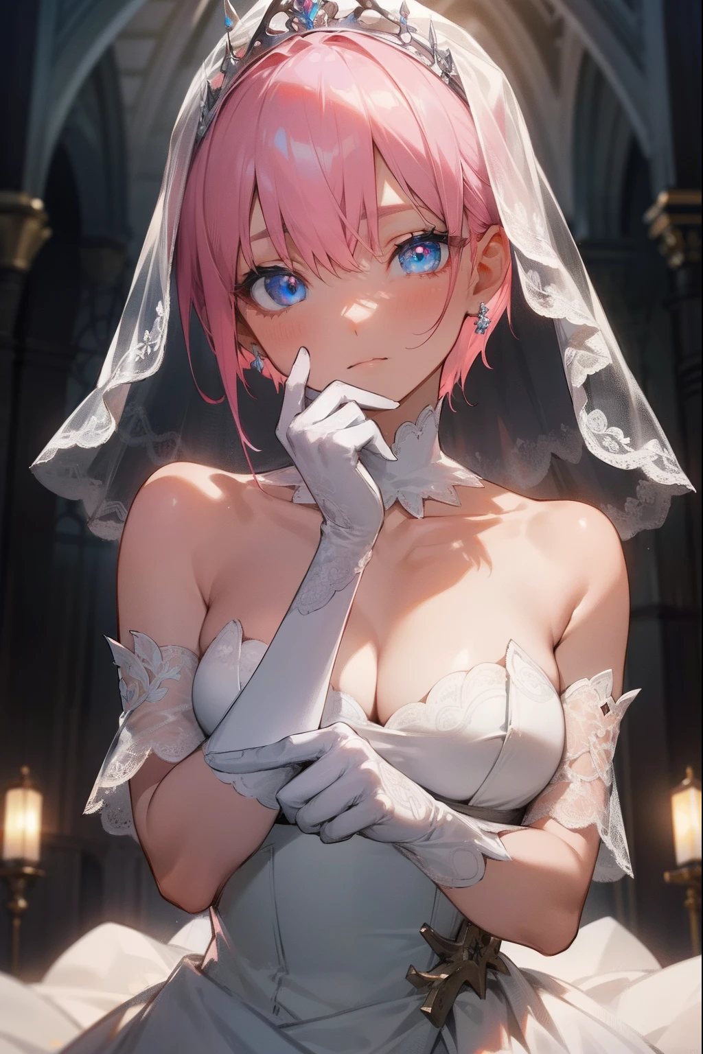 ichikanakano, ichika nakano, short hair, bangs, blue eyes, hair between eyes, pink hair, earrings,
BREAK gloves, dress, cleavage, bare shoulders, collarbone, elbow gloves, white gloves, white dress, strapless, tiara, veil, strapless dress, wedding dress, bridal veil,
BREAK indoors, church,
BREAK looking at viewer, BREAK (masterpiece:1.2), best quality, high resolution, unity 8k wallpaper, (illustration:0.8), (beautiful detailed eyes:1.6), extremely detailed face, perfect lighting, extremely detailed CG, (perfect hands, perfect anatomy),
