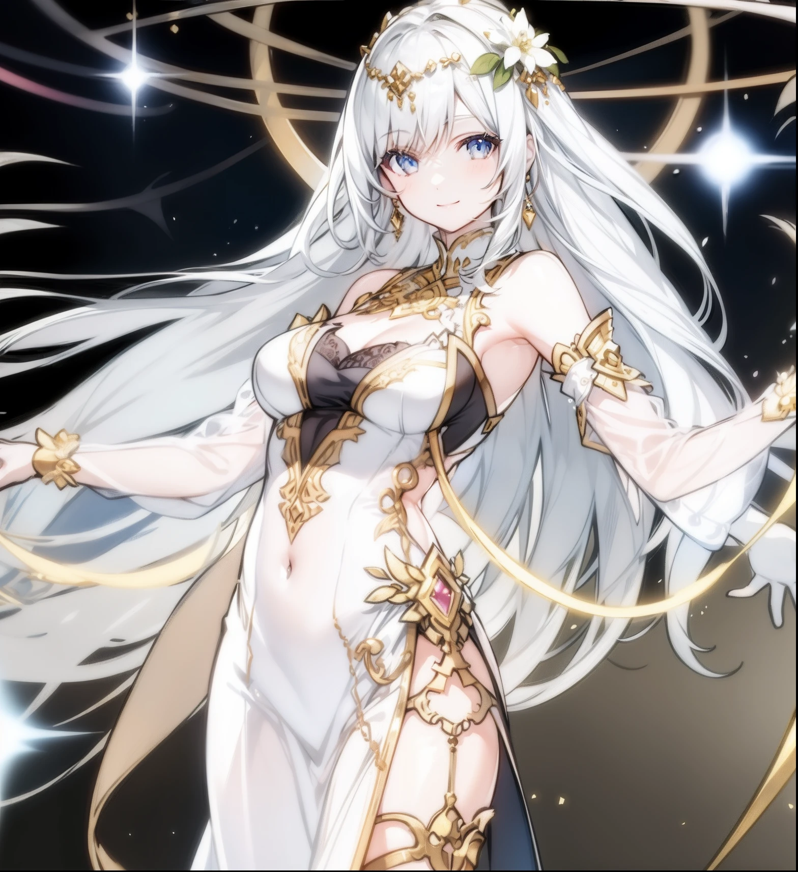 1girl, breasts, solo, horns, long hair, albedo (overlord), wings, large breasts, dress, hip vent, black wings, white gloves, gloves, looking at viewer, black hair, white dress, bare shoulders, hair between eyes, yellow eyes, feathered wings, demon horns, smile, feathers, demon girl, cleavage, slit pupils, detached collar, bangs, very long hair, closed mouth, black feathers, cowboy shot, covered navel, elbow gloves, white horns, standing, demon wings ,