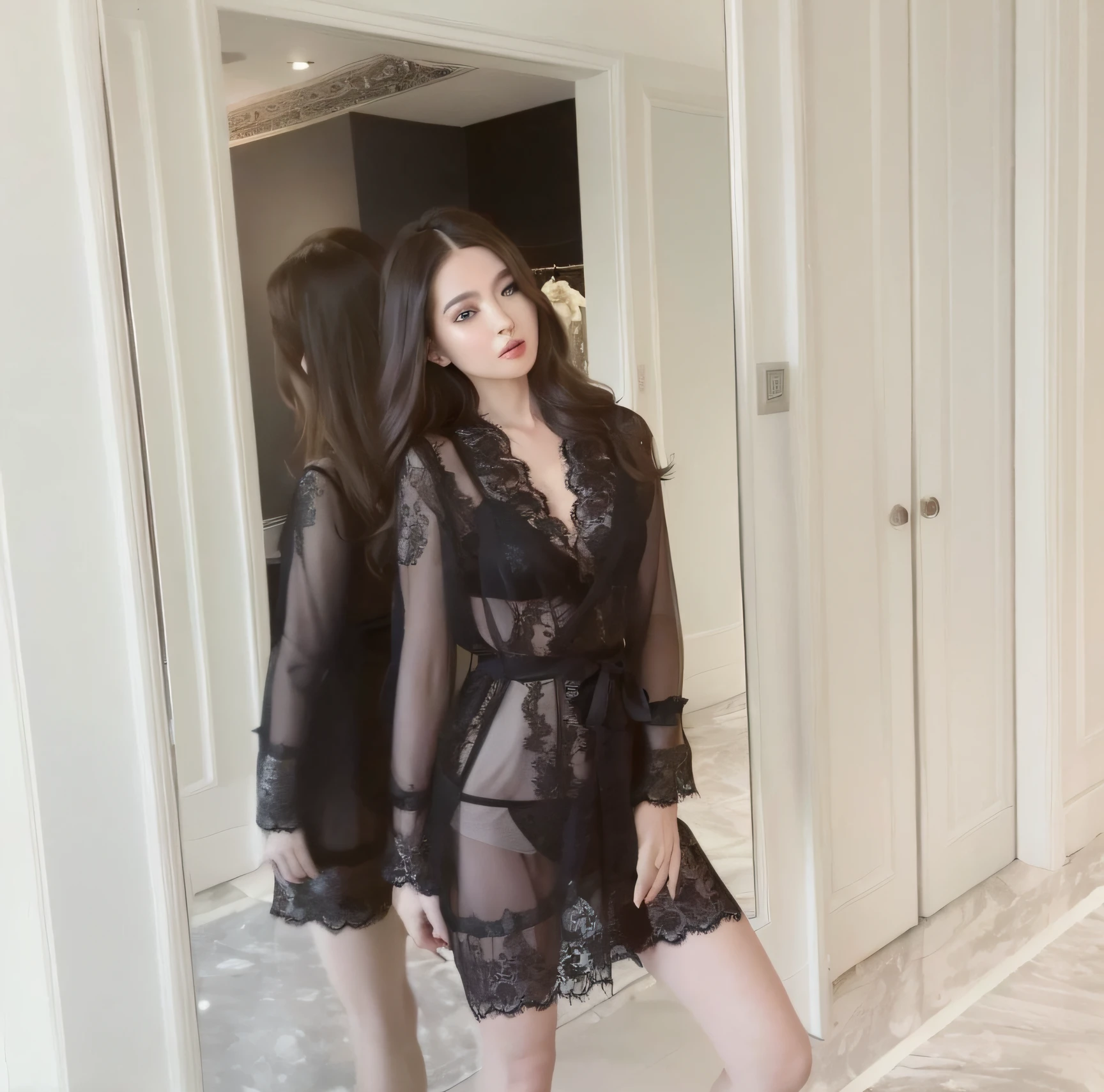 In front of the mirror in the room stood a woman。, deep black robe, thin black robe, Gorgeous lady, wings lace wear, wings black lace wear, in a black chiffon layered robe, wearing black silk robe, wearing black silk robe, Intricate and detailed lace set, Wearing sexy lingerie, Black robe, gorgeous aristocrat robe, gorgeous female