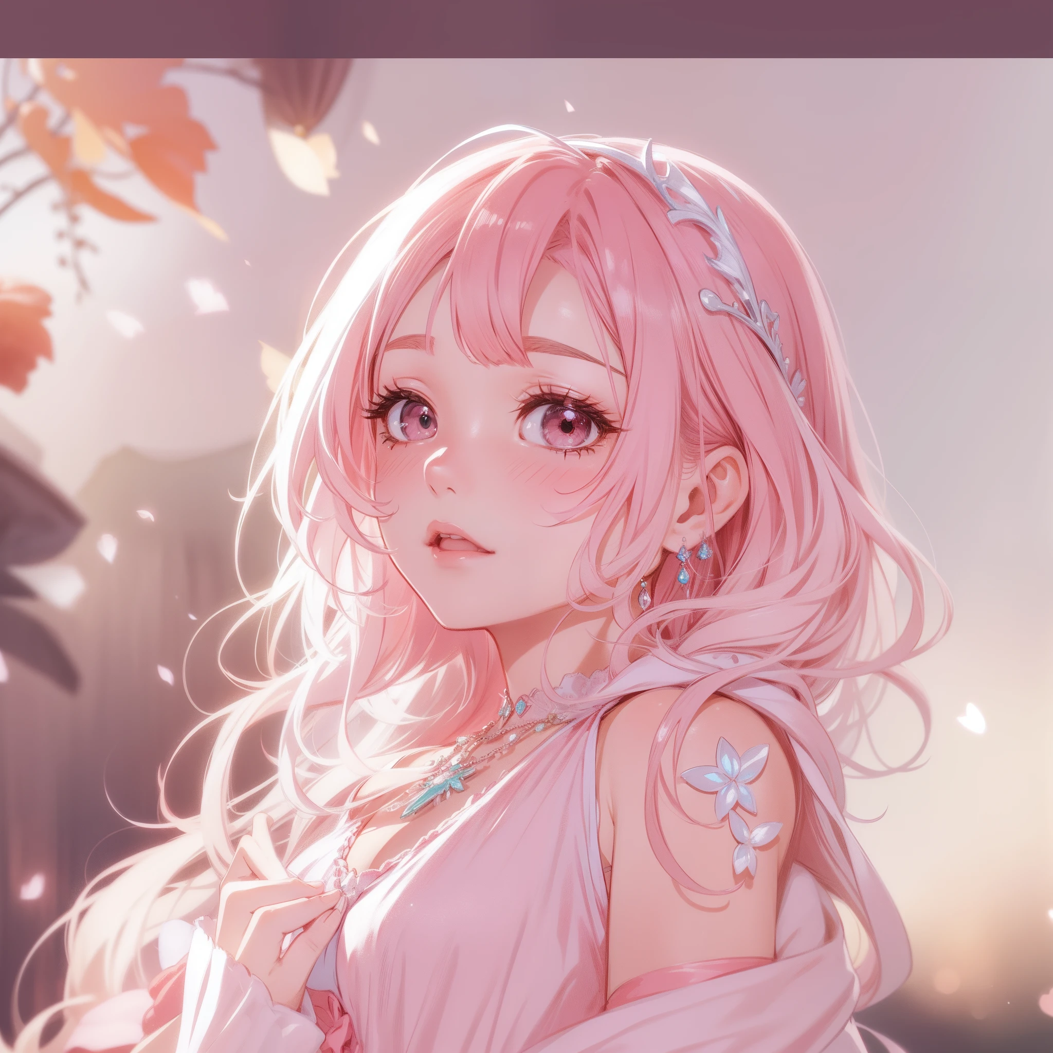 （（Frontal angle,tmasterpiece，Ultra high quality,A cute girl，Light pink hair color，Cute red dress，Long silky hair）），Enchanting necklace，Cute tiara，Pastel color grading style，anime illustrated，hand-drawn animation，Captivating sketch，Smooth and shiny，Hazy romanticism，Super Flat Style