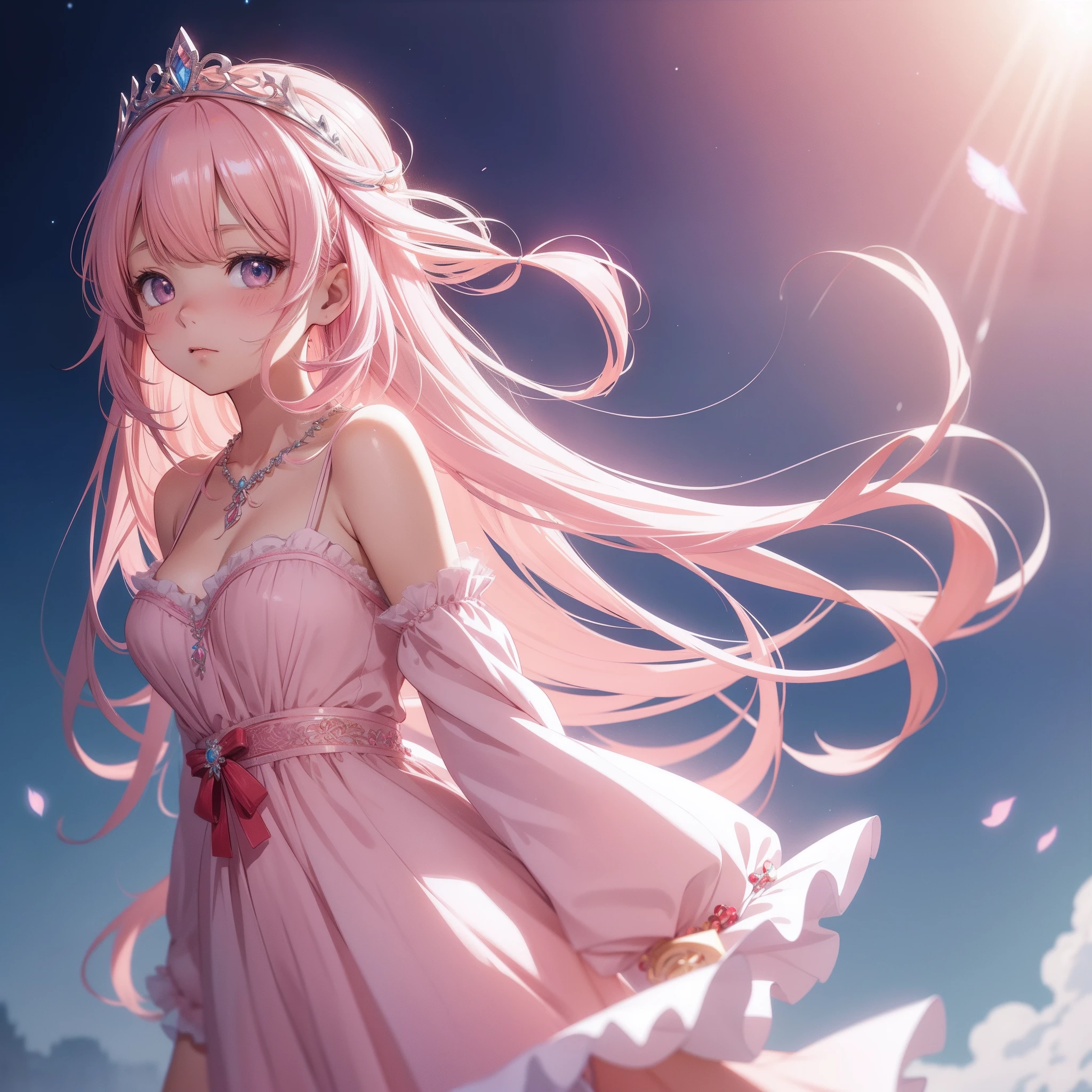 （（Frontal angle,tmasterpiece，Ultra high quality,A cute girl，Light pink hair color，Cute red dress，Long silky hair）），Enchanting necklace，Cute tiara，Pastel color grading style，anime illustrated，hand-drawn animation，Captivating sketch，Smooth and shiny，Hazy romanticism，Super Flat Style