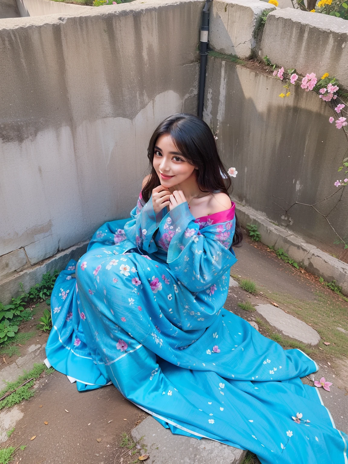 In this photograph, the beautiful lady exudes a captivating saree as she poses amidst a sea of flowers. Her flowing dress matches the hues of the blooms, creating a harmonious blend with the natural world. Soft sunlight filters through the foliage, illuminating her little smile. The photograph showcases her as a goddess of nature, embodying the beauty and grace of a blooming garden. Flower tob