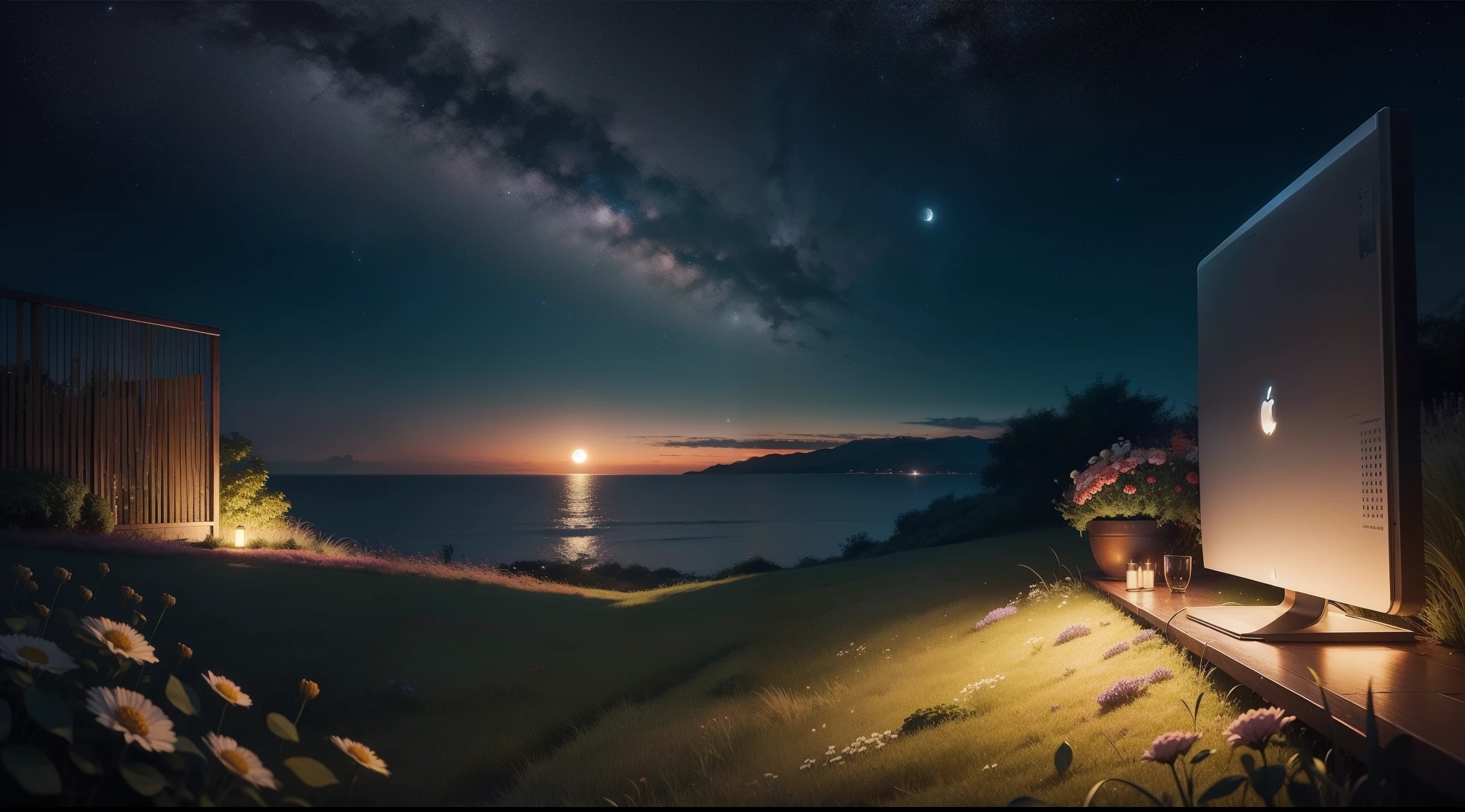 nighttime scene,There are flowers in front of the screen,Grass,foliage,In the distance is the ocean,starrysky,themoon