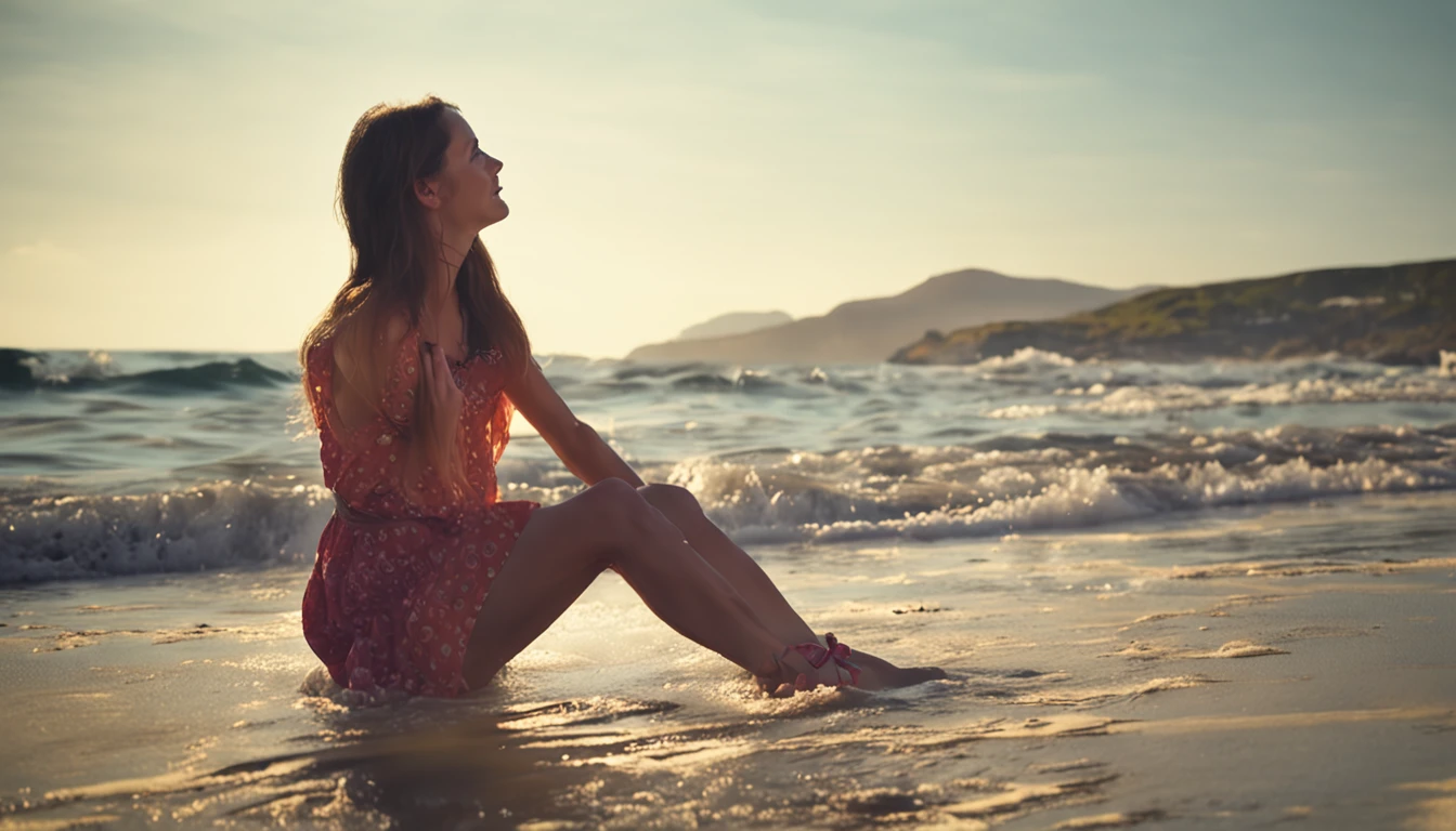 A girl in a miniskirt lively and cheerful, sunny and beautiful squatting on the beach by the sea to play in the water