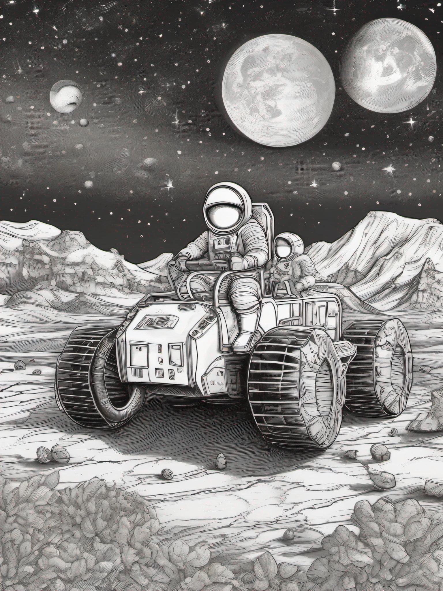 in astronaut suits on the moon's surface, riding a lunar vehicle, with Earth in the background, Line art, 9"x11" coloring book illustration