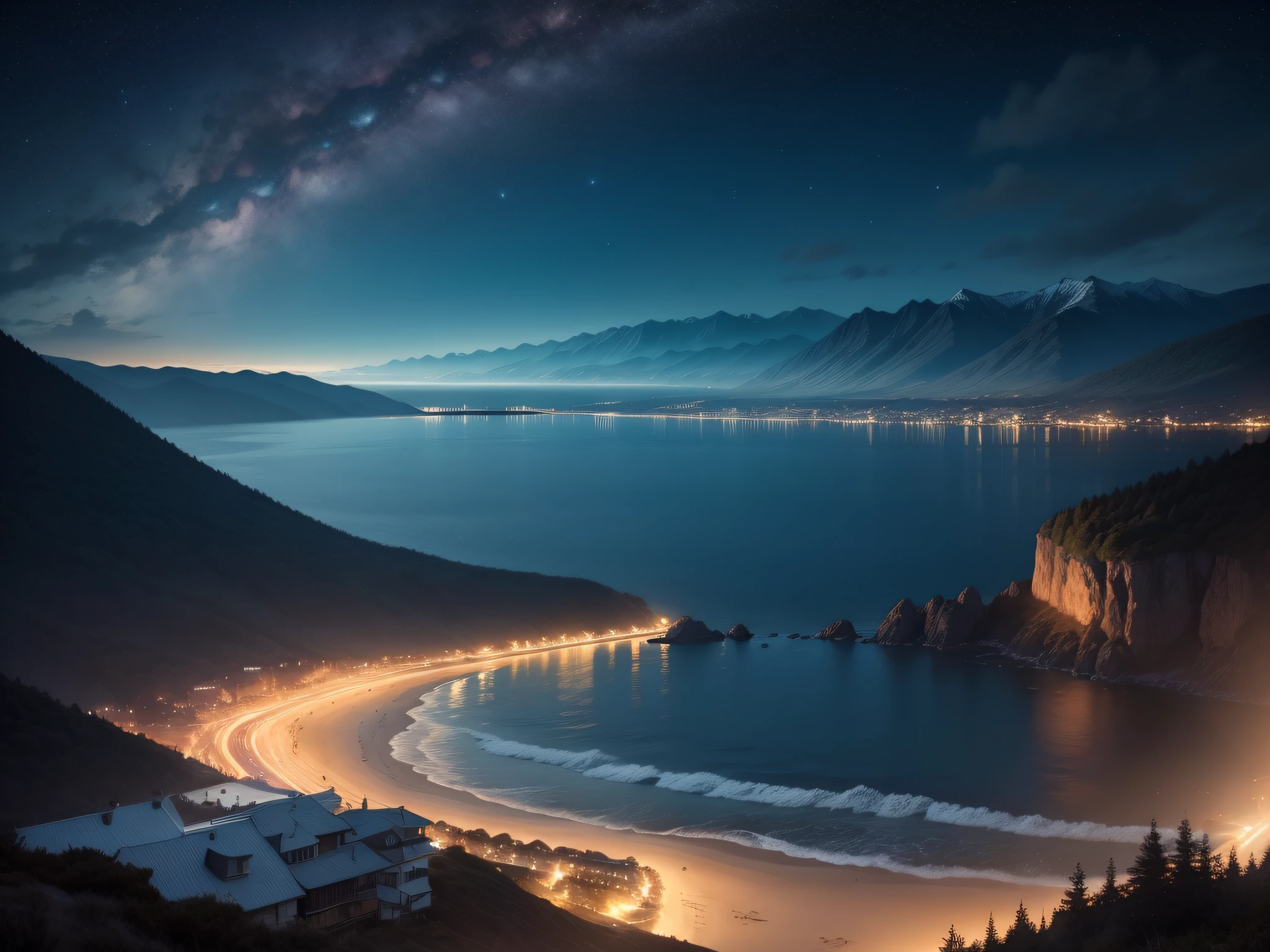 Beautiful view at night with starry sky and the sea in the background with mountains