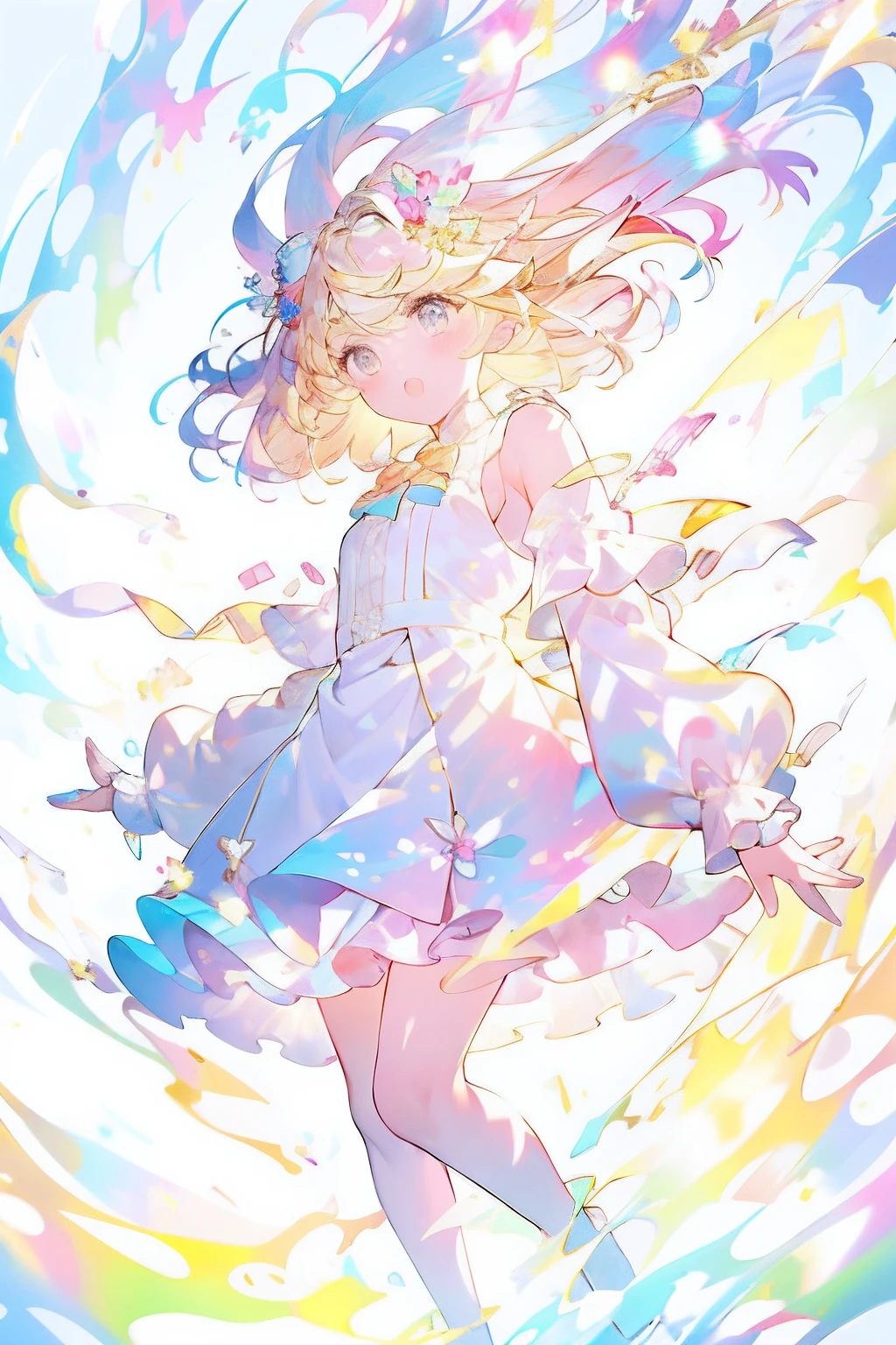 1girll, Solo, Yellow jacket, Blue eyes, Blonde hair, dress, Jacket, White background, full bodyesbian, Simple background, White footwear, shoes, White dress, standing, multicolored hair, Socks, bow, Open mouth, Open clothes, view the viewer, Long hair, Long sleeves, Open jacket, bangs, thigh band, 鎖骨, Hair accessories hair bye, hair adornments, one side up, cropped shoulders, Blush, puffy long sleeves, Bare shoulders, Puffy sleeves, aqua hair, sleeves past wrists, two tone color hair, :Tai, white bows