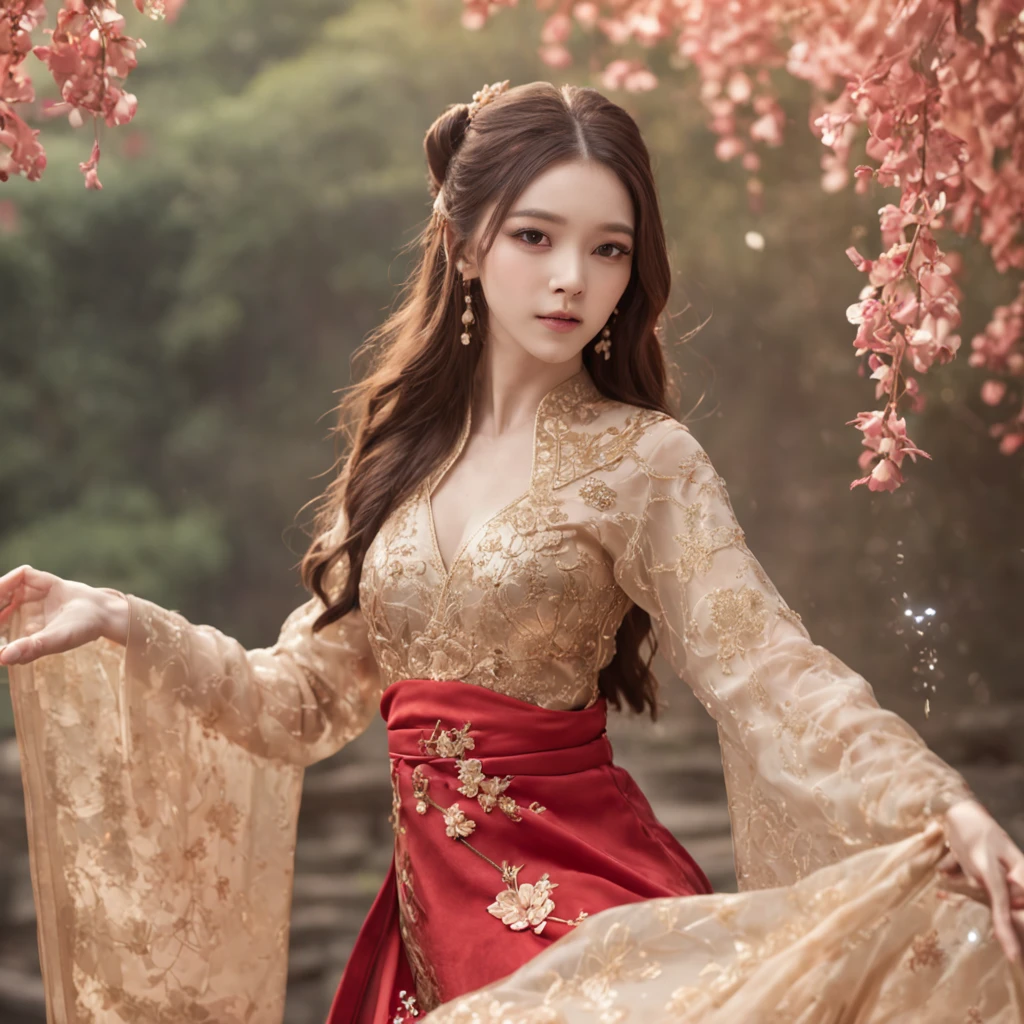 best quality, masterpiece, highres, (exquisite body:1.5),gorgeous face,(milky skin:1.3),intricate details,high resolution,wallpaper,
1girl, solo, dress, hair ornament, (((gold and red dress))), flowers, long hair, brown hair, closed mouth, jewelry, long sleeves, hand up, wide sleeves, big eyes,floating hair, chinese clothes, hanfu, embroidery, long skirt, natural pose, falling petals, indoor,fanning, lantern,
16K,HDR,highres,depth field,(film grain:1.1),boken,golden hour,(lens flare),vignette,rainbowing,(color grading:1.5)
