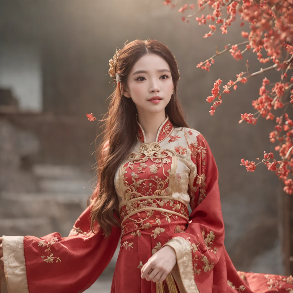 best quality, masterpiece, highres, (exquisite body:1.5),gorgeous face,(milky skin:1.3),intricate details,high resolution,wallpaper,
1girl, solo, dress, hair ornament, (((gold and red dress))), flowers, long hair, brown hair, closed mouth, jewelry, long sleeves, hand up, wide sleeves, big eyes,floating hair, chinese clothes, hanfu, embroidery, long skirt, natural pose, falling petals, indoor,fanning, lantern,
16K,HDR,highres,depth field,(film grain:1.1),boken,golden hour,(lens flare),vignette,rainbowing,(color grading:1.5)