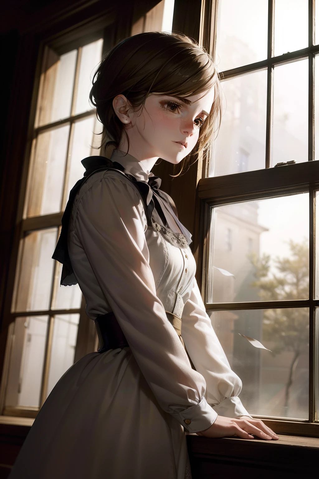 Emma watson、Andrew Wyeth、Christina's World、Beautiful Landscapes、Has excellent and subtle depiction、High quality and detailed CG Unity 8k wallpapers、Dramatic angles and poses、View outside the window、Soft light and shadow、Light production、Fantastic atmosphere、Dreamy shades。