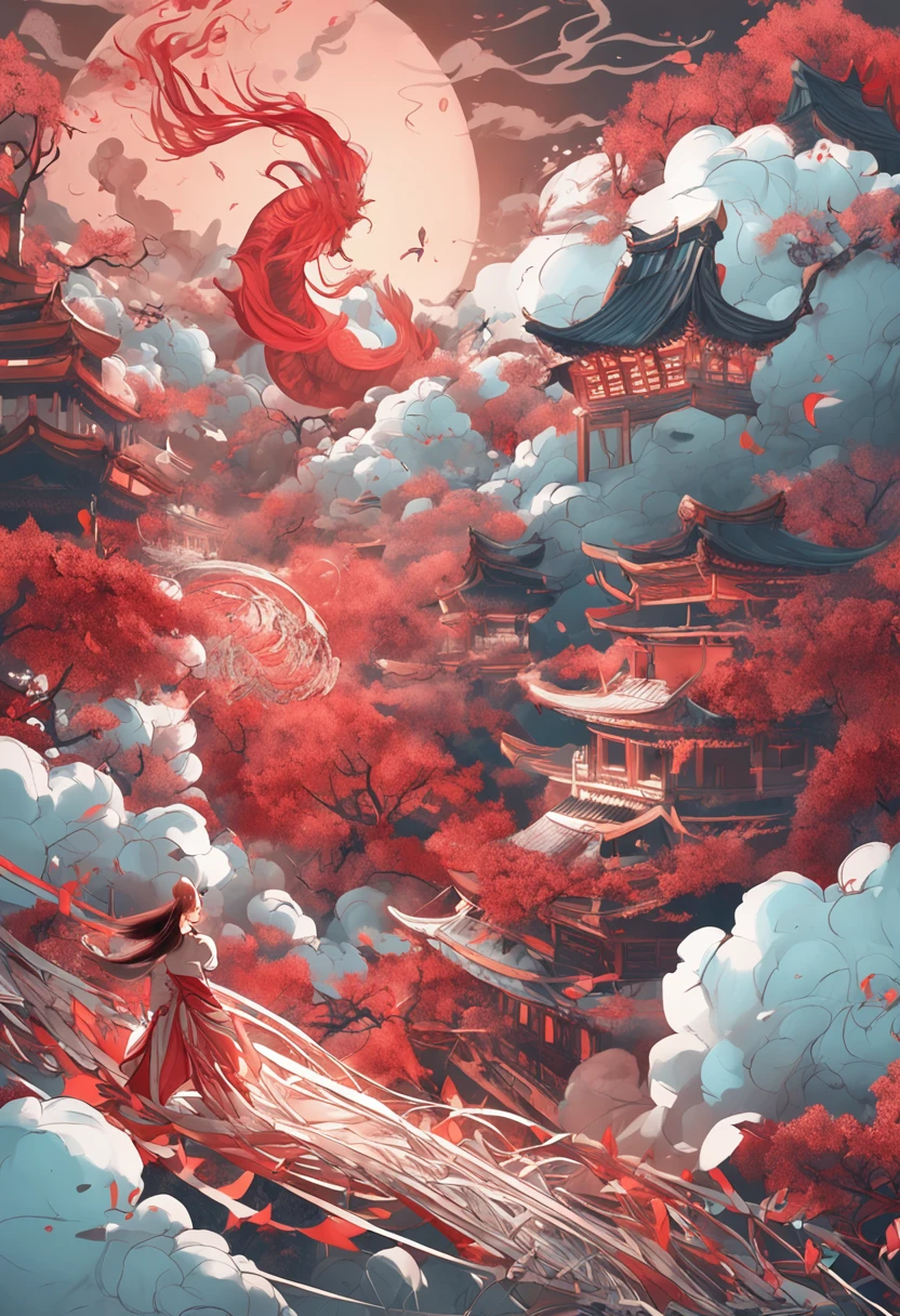 Clouds，wave，balls of fire，火焰，Fire fighting，1girl，Flying long hair，florals，Dragons of the East，of red and white colors，Works of masters，HighestQuali，high detal，8k