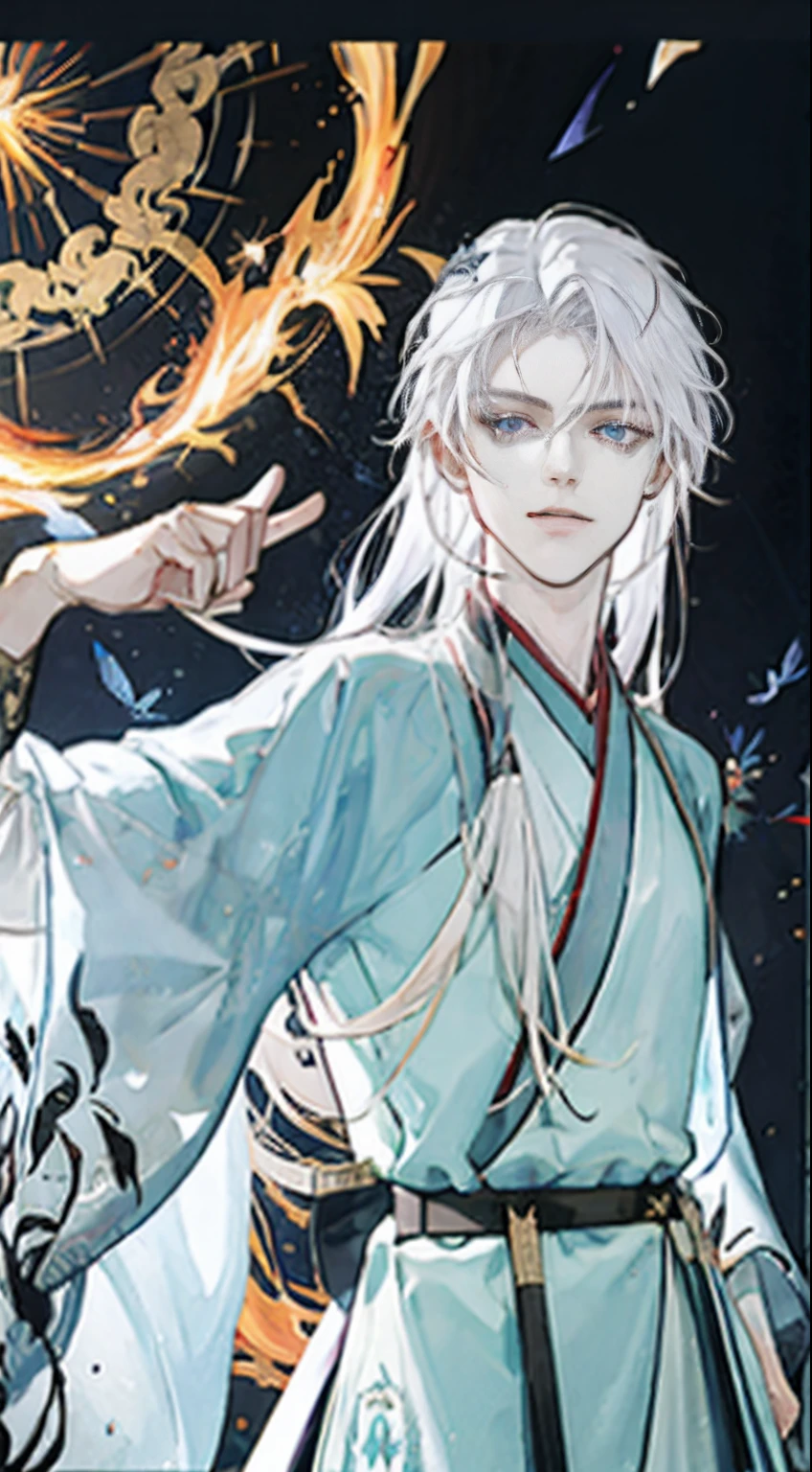 Hanfu,long whitr hair,ellegance,extreme hight detail,Beautiful Boys,Young men,Fluttering hair and clothes,Depicts delicate facial features,Opal-like blue-purple eyes,Long white hair,eardrop,crystal,ruri,shine,sparkling,Diamond-like transparent hair,diamond,Crystal Shard,Wide robe with large sleeves,(absurderes,A high resolution,ultra - detailed),tmasterpiece,best qualtiy,With a sword,独奏,handsome,Extra-long, smooth white hair,详细的脸,Fighting posture,attack pose,wielding sword pose,abstract backgrounds,swirles,spark of light,Magic Vortex,cold shades